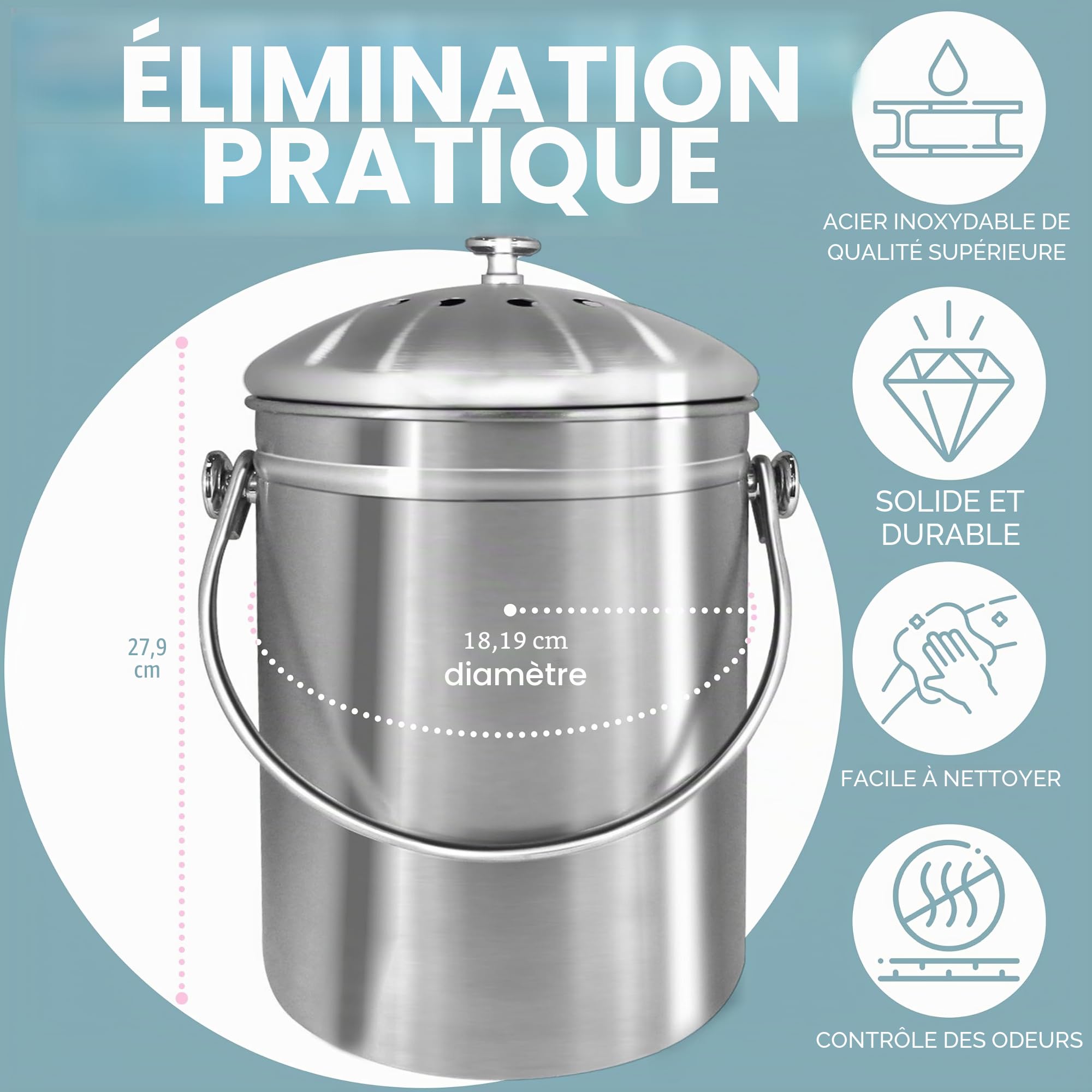 Epica Poubelle à Compost en Acier Inoxydable 3,8 l