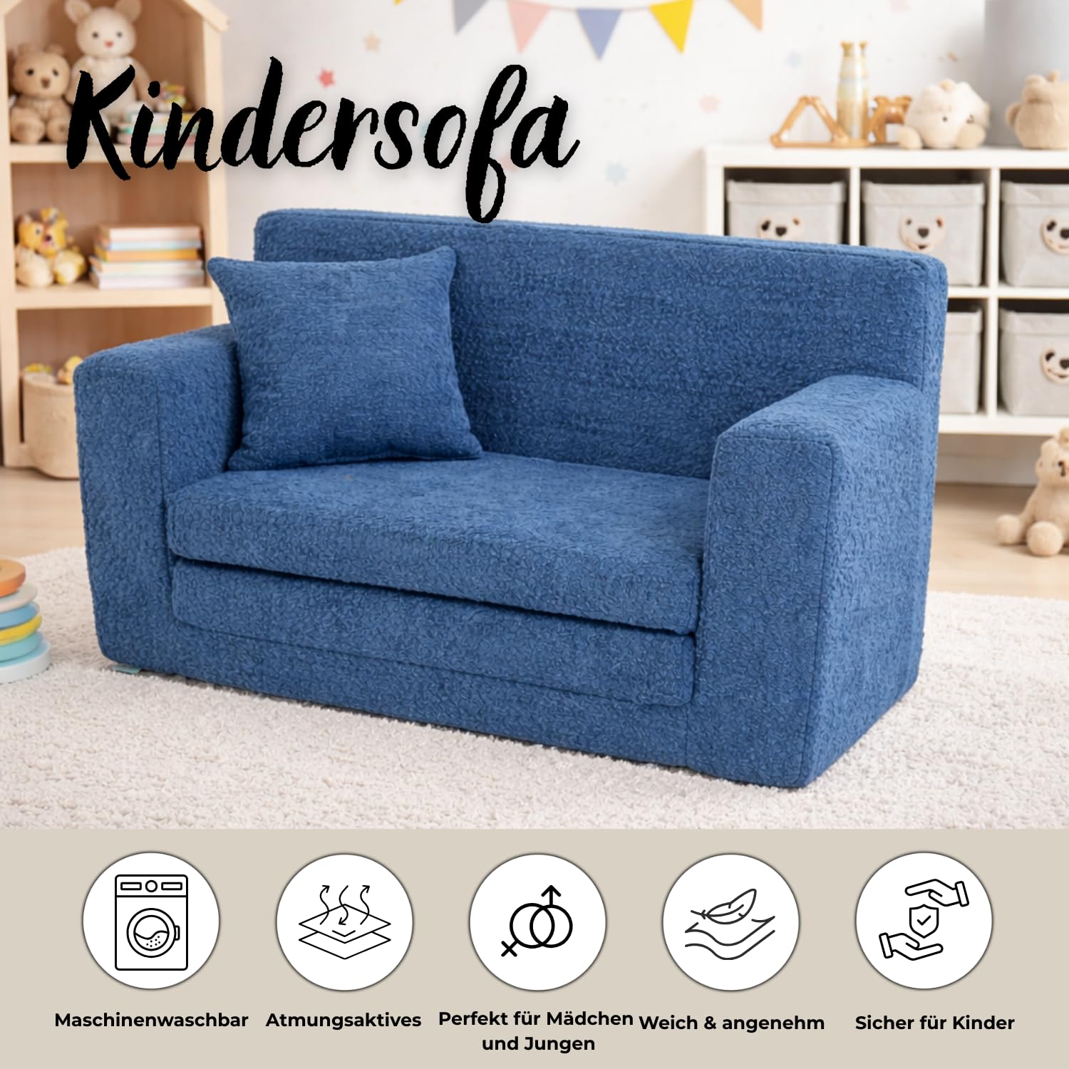 FORTISLINE - Canapé enfant dépliable 83 x 47 x 43 cm Oeko-TEX – Canapé de jeu pour enfants 2 en 1 – Canapé pour enfant rabattable avec fonction lit – Canapé-lit en mousse – Tissu peluche – Plusieurs