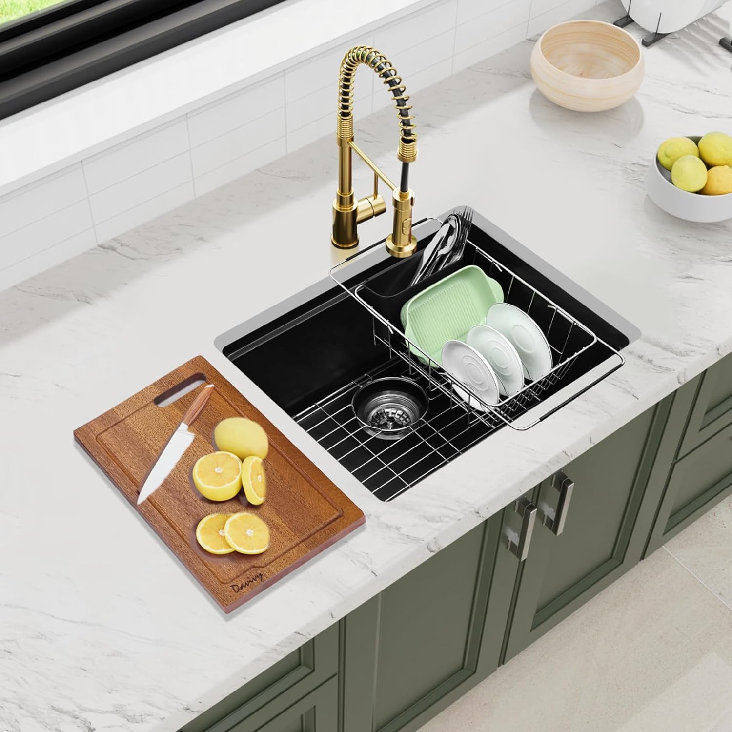 Davivy 22 Inch Black Granite Composite Kitchen Sink Workstation, 22 x 18 Black Undermount/Drop In Kitchen Sink, Deep Quartz Single Bowl with Accessories