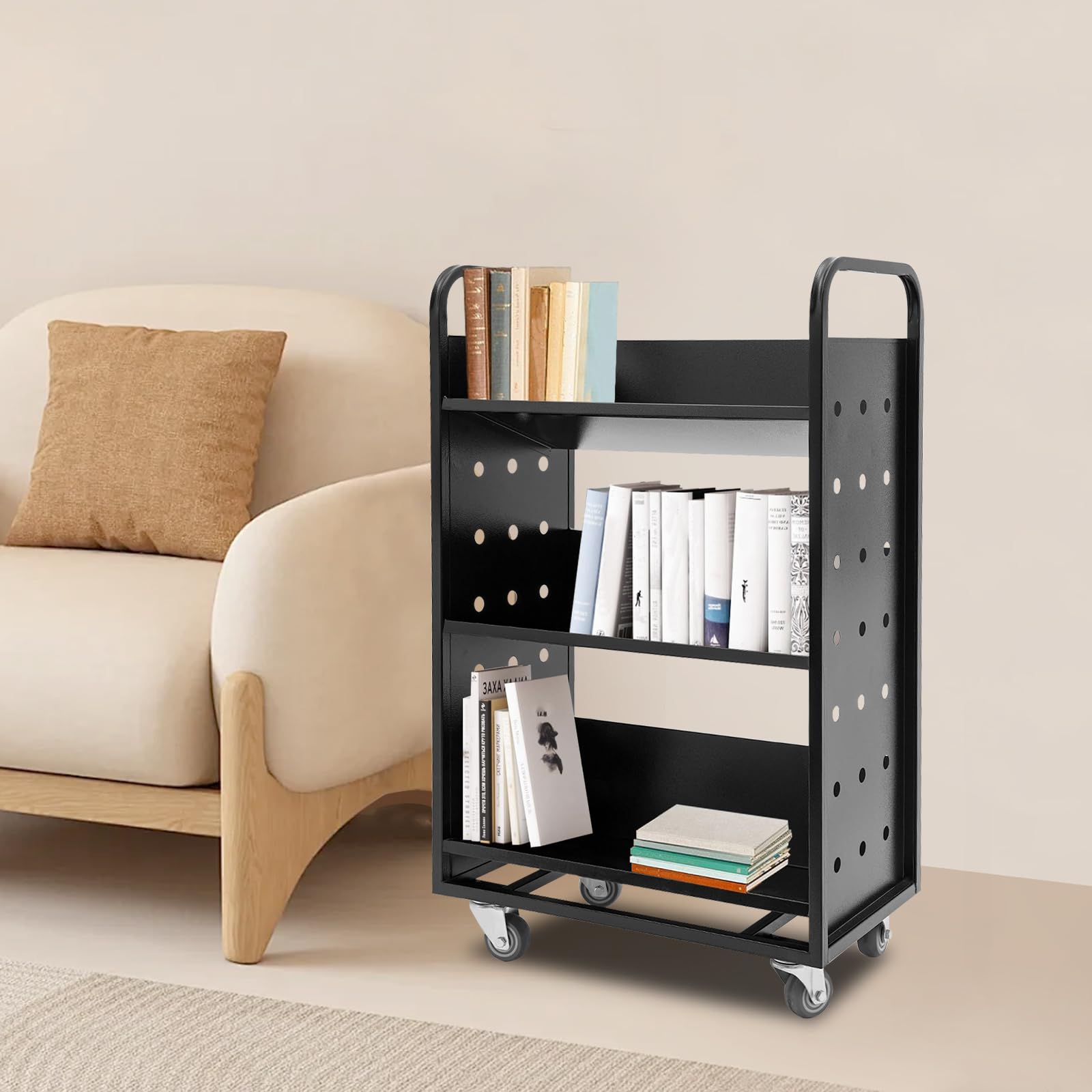 Carrello portaoggetti a tre piani, dimensioni 80 x 36 x 100 cm, nero, con ruote girevoli e maniglia, adatto per librerie, biblioteche, uffici e spazi abitativi