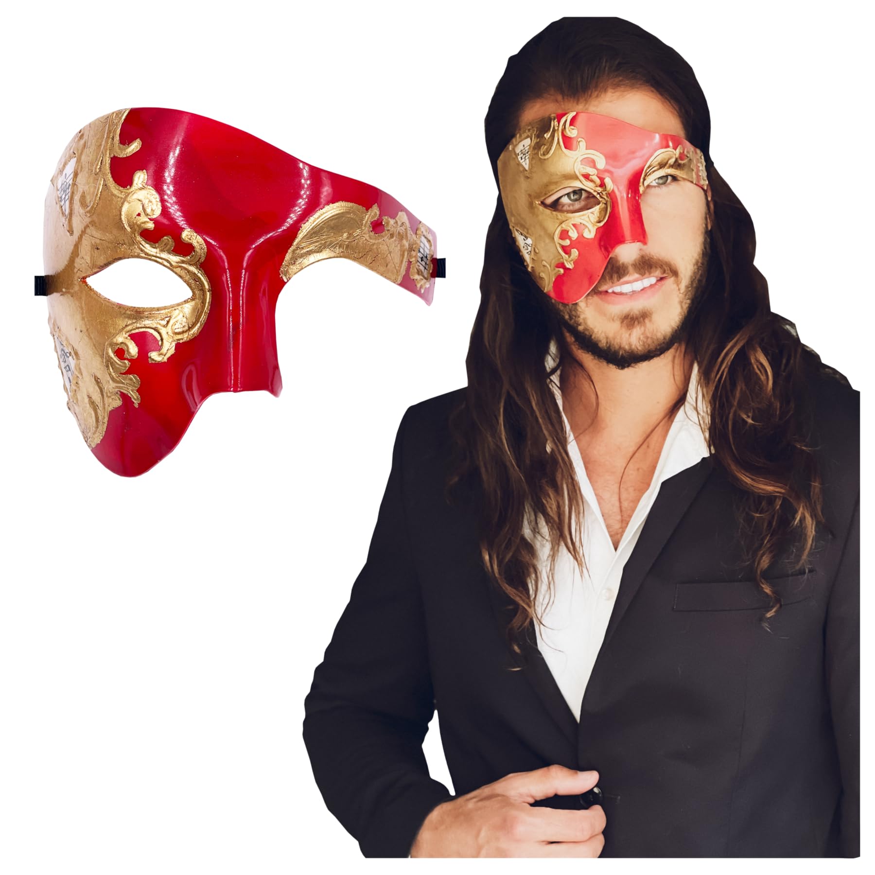 Masquerade Mask For Men Phantom Of The Opera Mask Prom Mardi Gras Haloween Venetian Half Face Mask, Red/Gold, One size