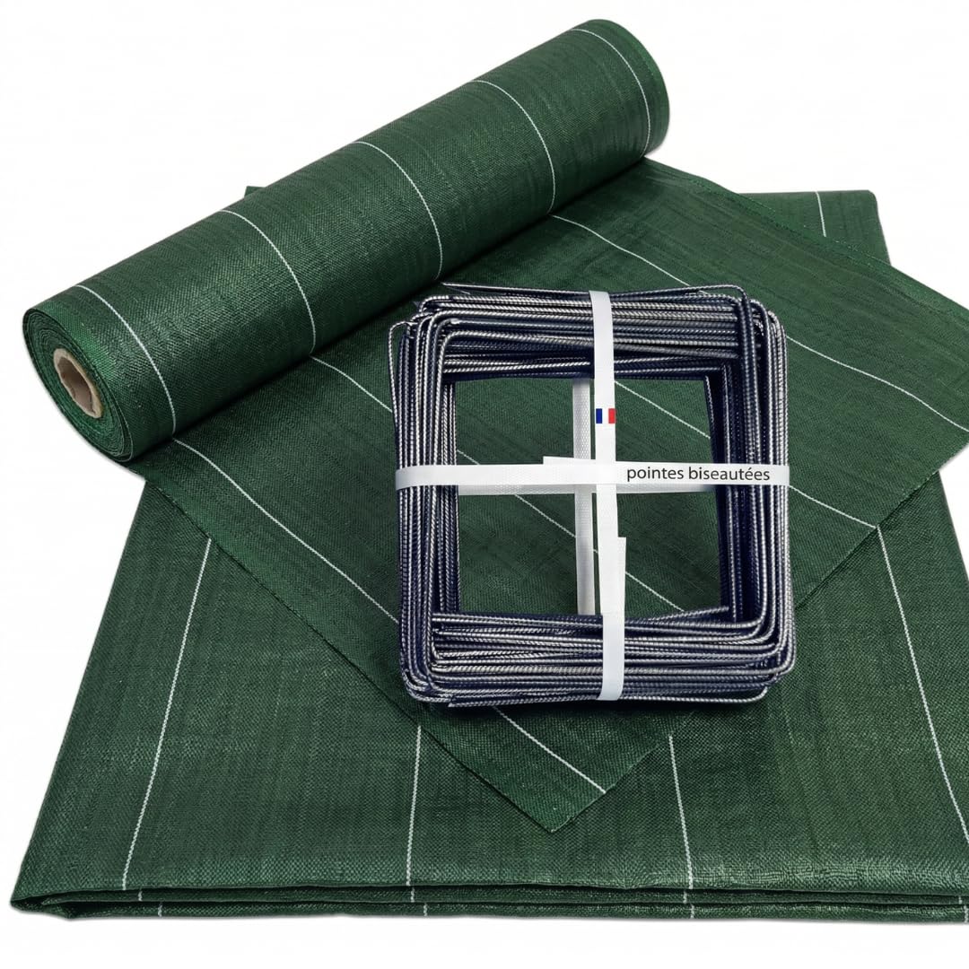 Pack Agrafes et Toile de paillage - Anti Mauvaises Herbes Rouleau Longueur 50m Largeur 1,28m - Lot Bache Vert 130gr par m2 - Geotextile - ZENLYS