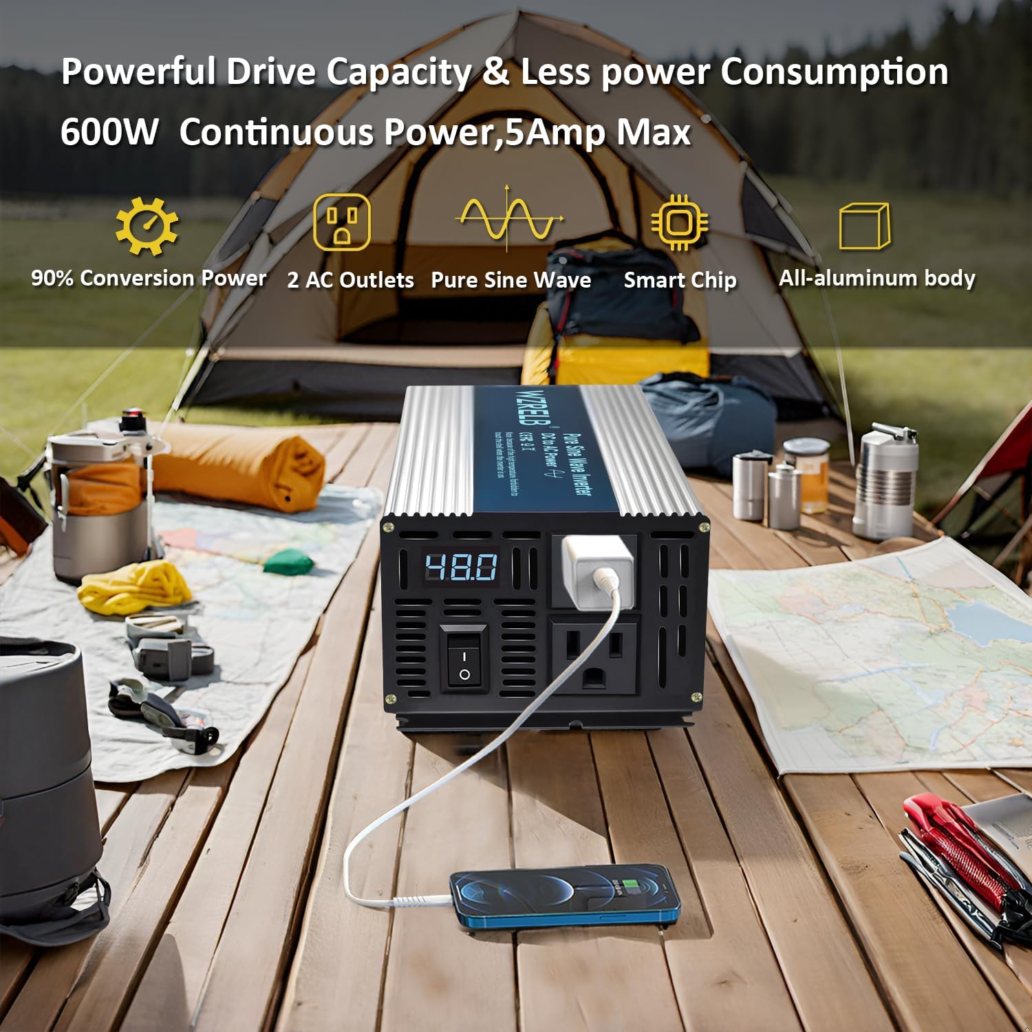WZRELB 600W Pure Sine Wave Inverter 48V DC to 110V 120V AC Power Converter with LED Display, Off-Grid Portable Power Inverter with 2 AC Outlets for Home, RV, Truck, Camping