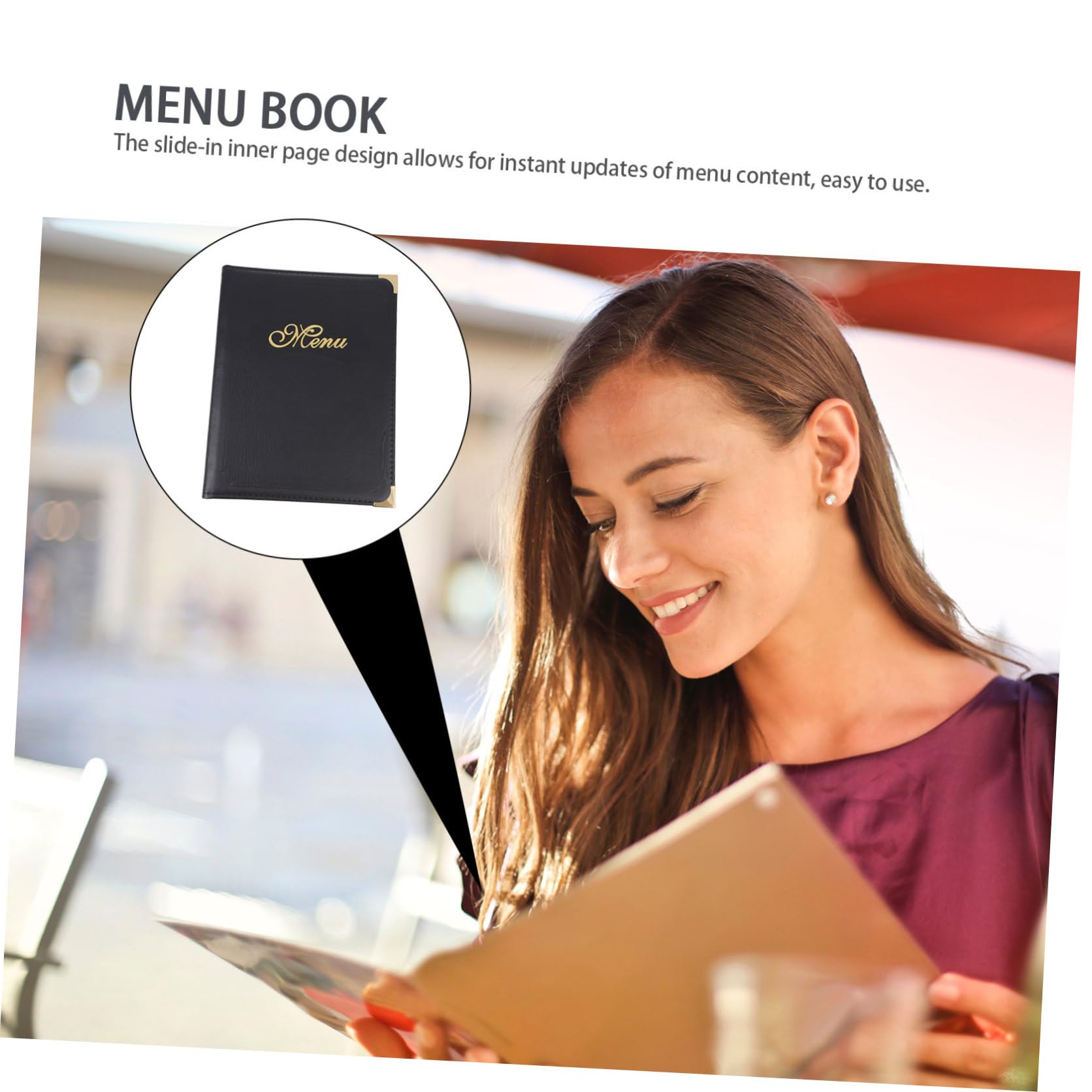 Cartella Porta Menù in Pelle A4 Nera per Ristorante e Bar, Libro Porta Menù Supporto Trasparente, Copertina Elegante Decorazioni Angolari in Metallo, Uso Professionale