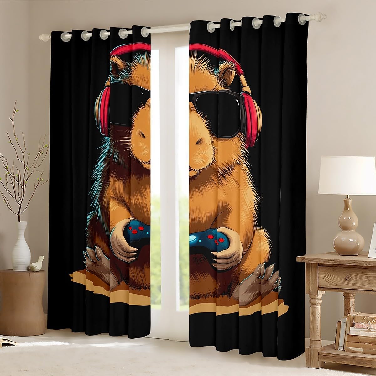 Erosebridal Funny Capybara Window Drapes Video Game Blackout Curtains 38" Wx45 L Cute Animal Gaming Curtains for Bedroom Living Room,Black Brown Window Treatments 2 Panels