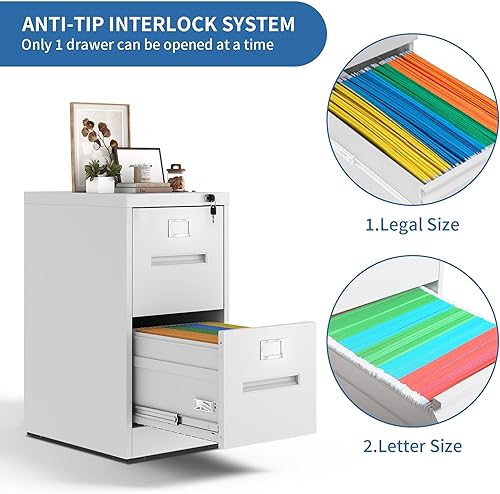 Miniatura 6 de Archivador de 2 cajones con cerradura, archivadores de metal para oficina en casa, gabinete de archivos estrecho vertical con cerradura de acero