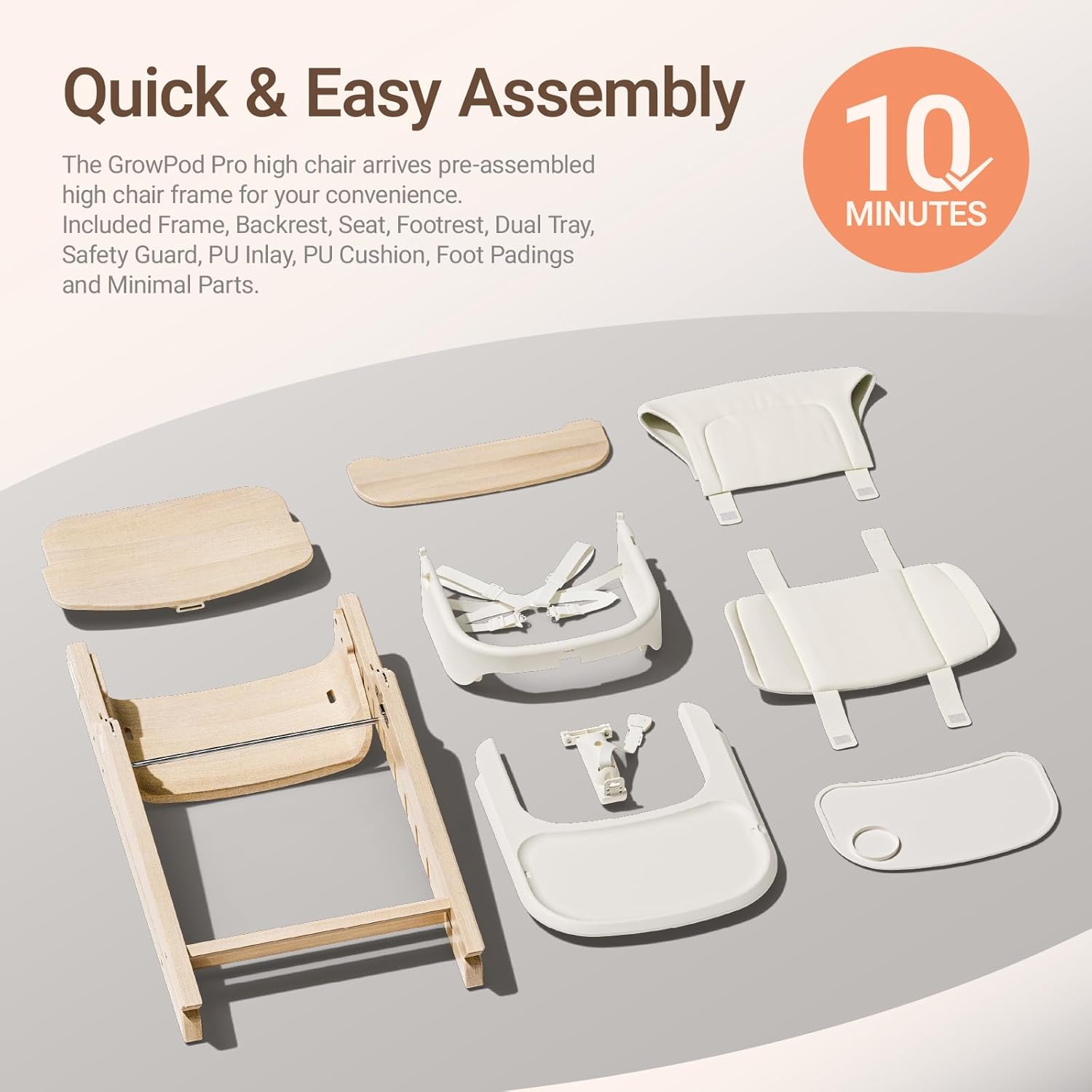 Components of the Mamazing GrowPod Pro high chair laid out for quick assembly.