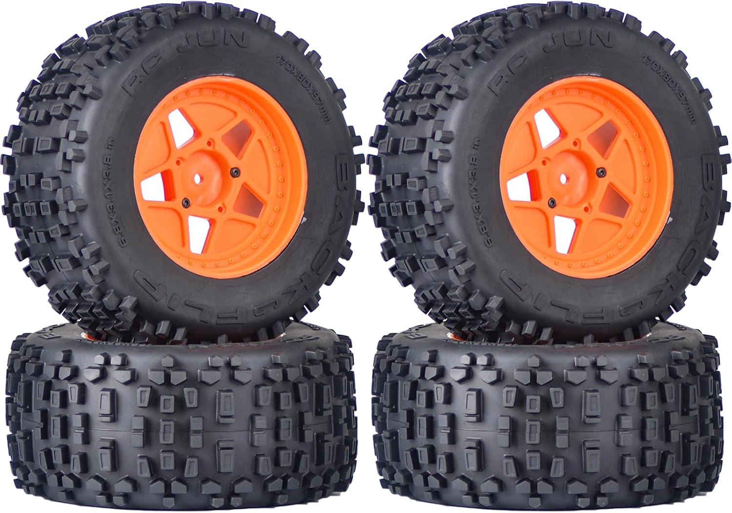 3.8" MT Monster Truck Tires with Foam Insert - 17mm/14mm/12mm Hex Adapters Included, Compatible with TRAXXAS Sledge, ARRMA KRATON, Outcast, Tamiya, HSP (Set of 4), Replacement Part of AR510092 Orange Rim 5