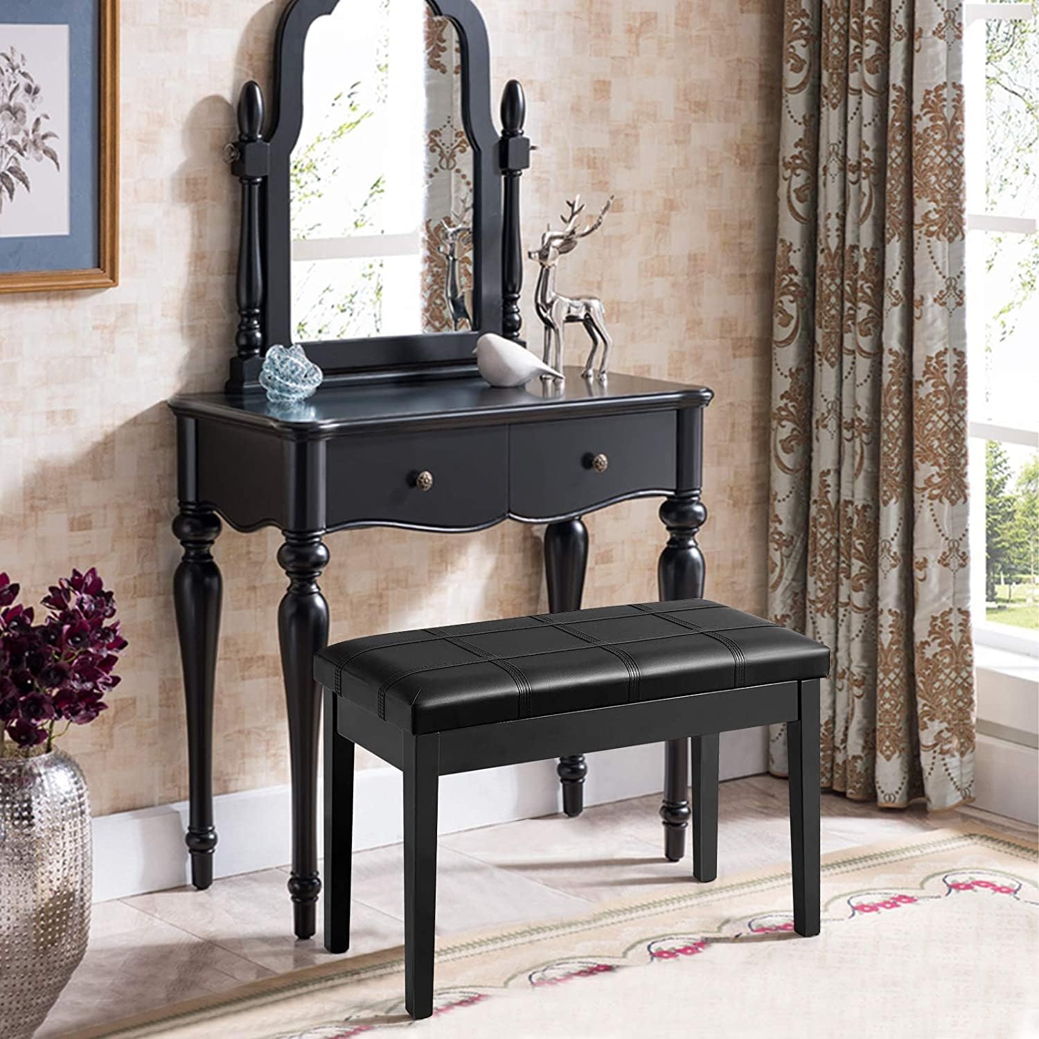 LDAILY LUARANE Wooden Duet Piano Bench, Double Keyboard Bench with Padded Leather Cushion Storage Compartment, Keyboard Seat with Solid Wooden Frame Anti-Slip Pad, Piano Stool for Home Use (Black)