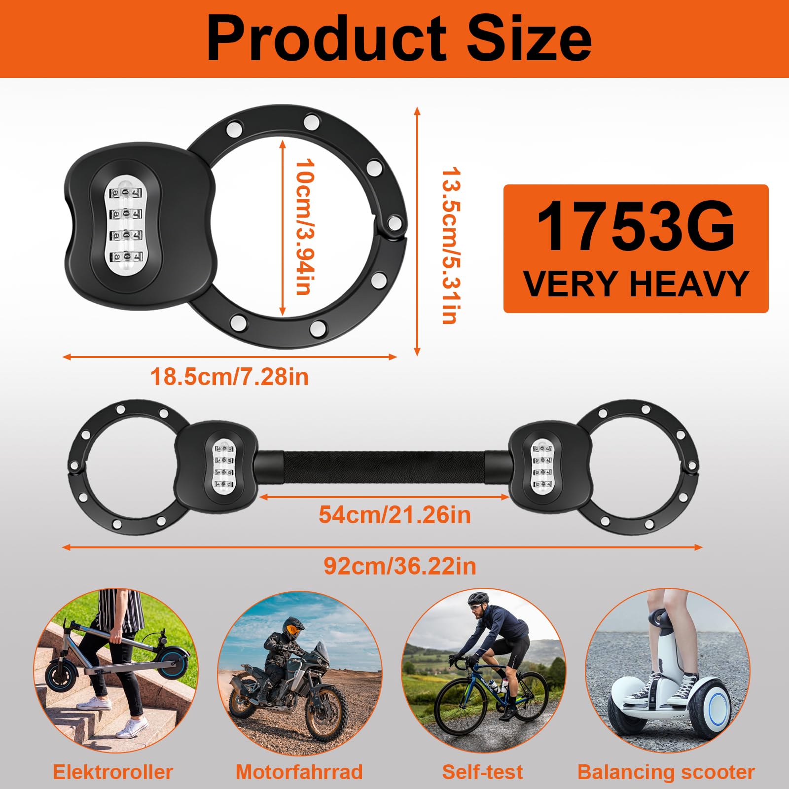 E Scooter Schloss, 8mm handschellenschloss mit Passwort mit Tasche, 90CM E Roller Schloss, Hochfeste Legierungen Wasserdicht, feuerfest,maximale Sicherheit mit schloss für e scooter, Roller