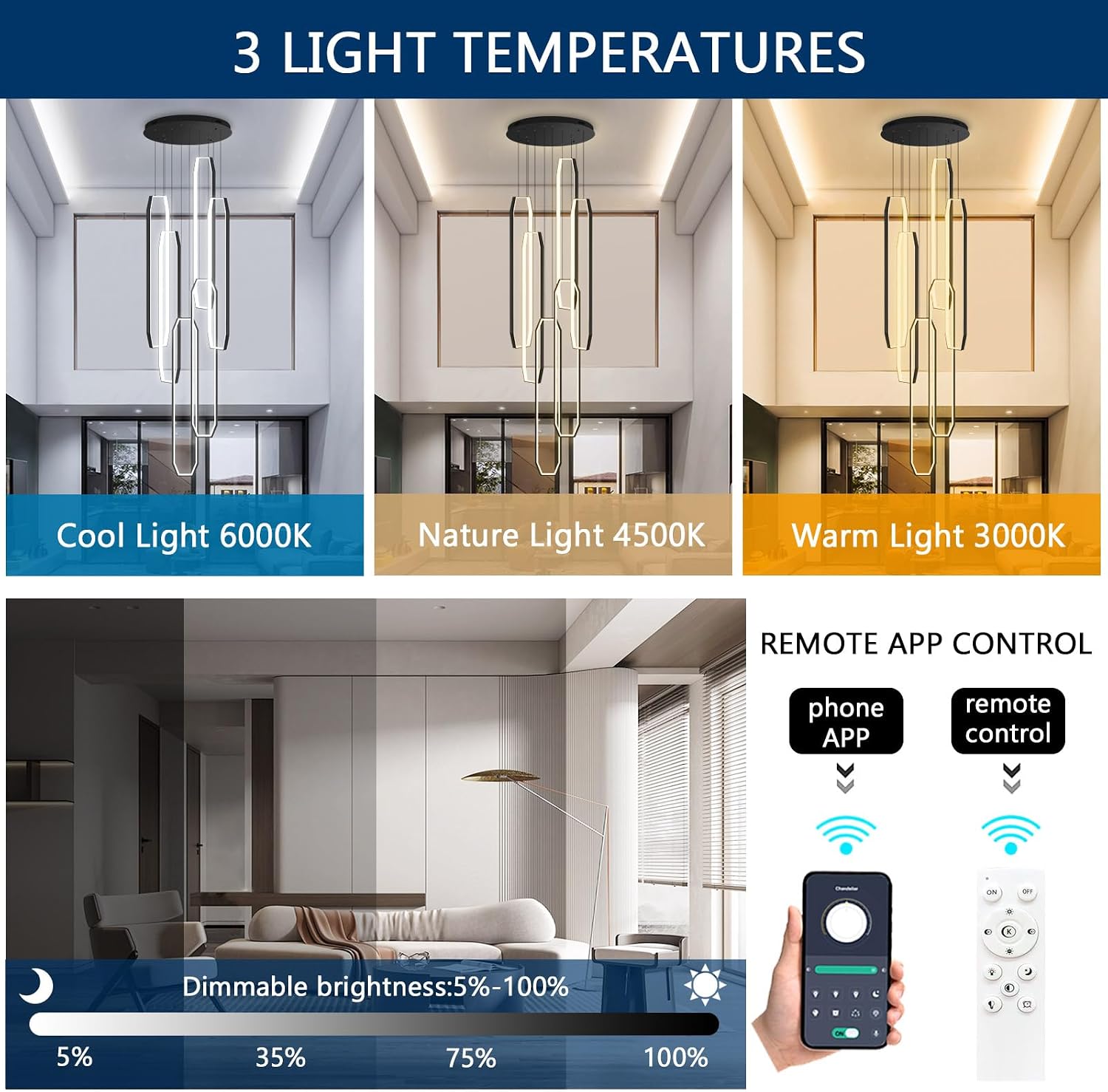 6-Rings Modern LED Chandelier for Foyer Large Chandelier Dimmable Flush Mount High Ceiling Chandeliers with Remote Control for Villa Staircase Enterway Black