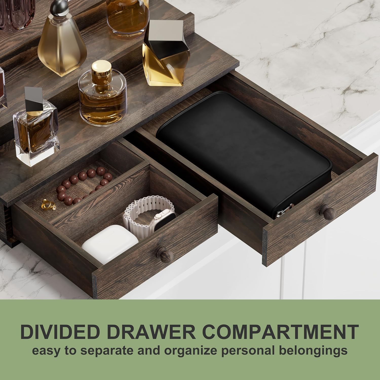 4 Tier Wooden Cologne Organizer with Drawer Storage and Hidden Compartment, Rustic Perfume Display Stand