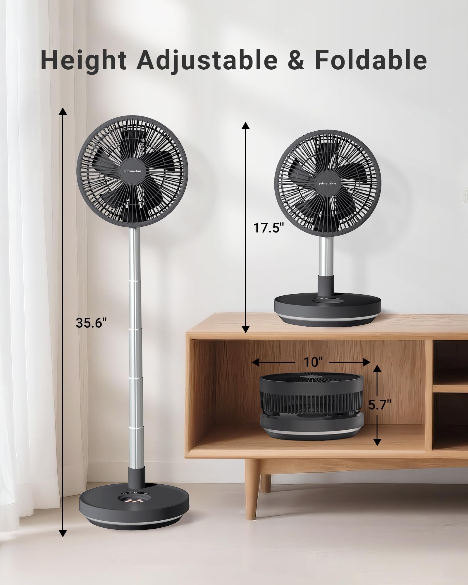 Tragbarer, oszillierender Ventilator, 10.000 mAh, wiederaufladbarer Akku mit Timer, 25,4 cm | Faltbar, 8 Geschwindigkeitsstufen, Fernbedienung, LED-Licht, für Zuhause, Schlafzimmer, Outdoor, Camping, Reisen, Dunkelgrau