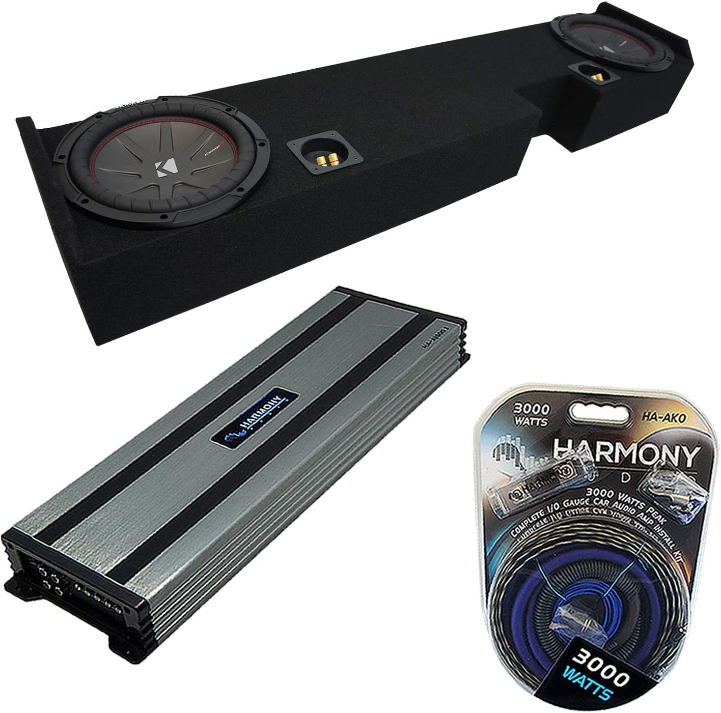 Harmony Audio HA-A1500.1 Compatible with Ford F250 F350 Extended/Super Cab Truck 2001-2014 Class D 3000W Sub Amp, 43CWR102 10" CompR CWR10 400W RMS Sub and 2X10FORD-EXCAB-01-08 Sub Box Enclosure