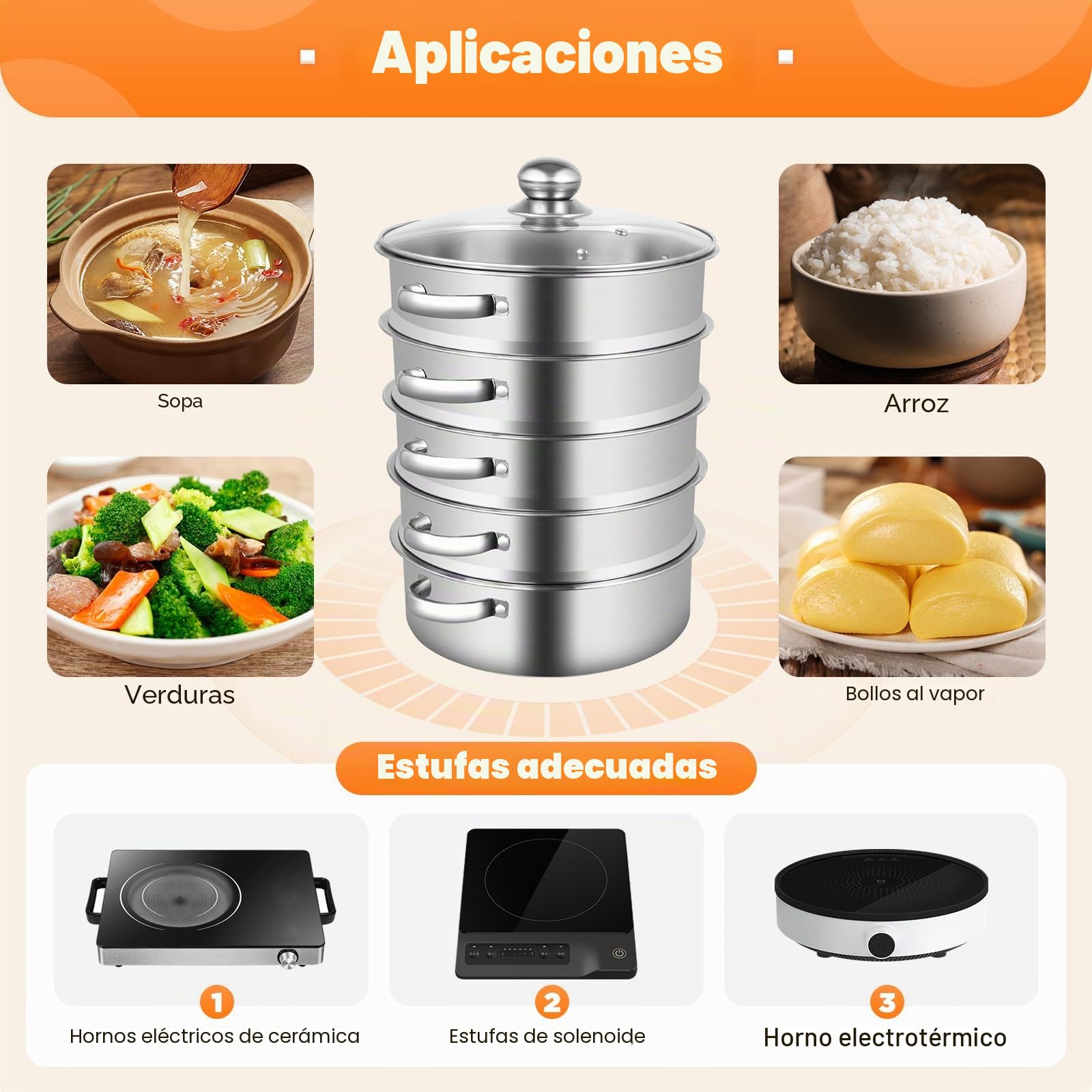 Vaporera de 5 niveles, acero inoxidable, vaporizador, apilable, diámetro de 26 cm, olla de vapor, olla con sartén y tapa de cristal, para cocinar (plata)