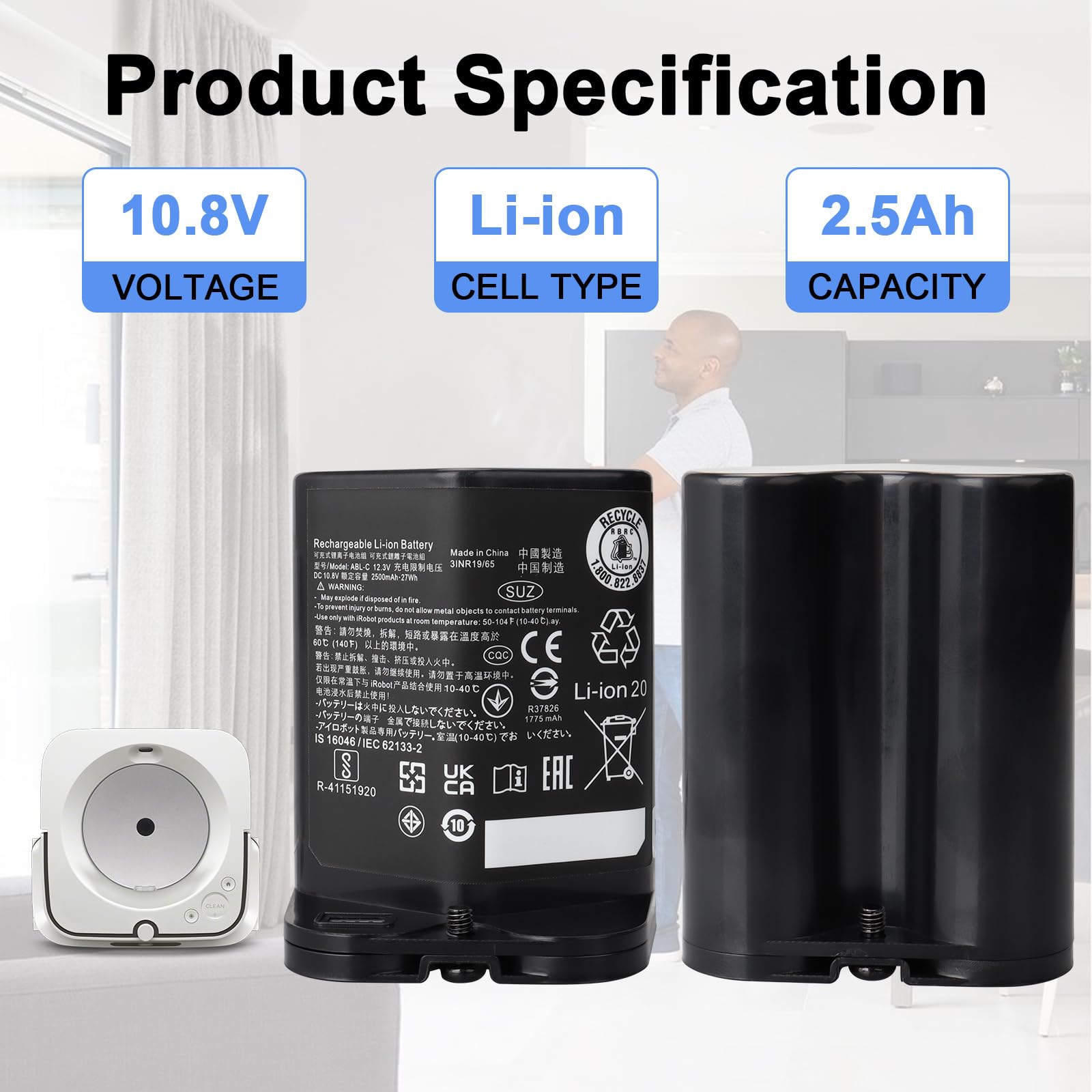 Batteria sostitutiva MXJFYY da 10,8 V e 2500 mAh per iRobot Braava Jet M6 (6110) Series, batteria agli ioni di litio per aspirapolvere M611020/M612880/M612680/M614480 ABL-C Series 3INR 19/65