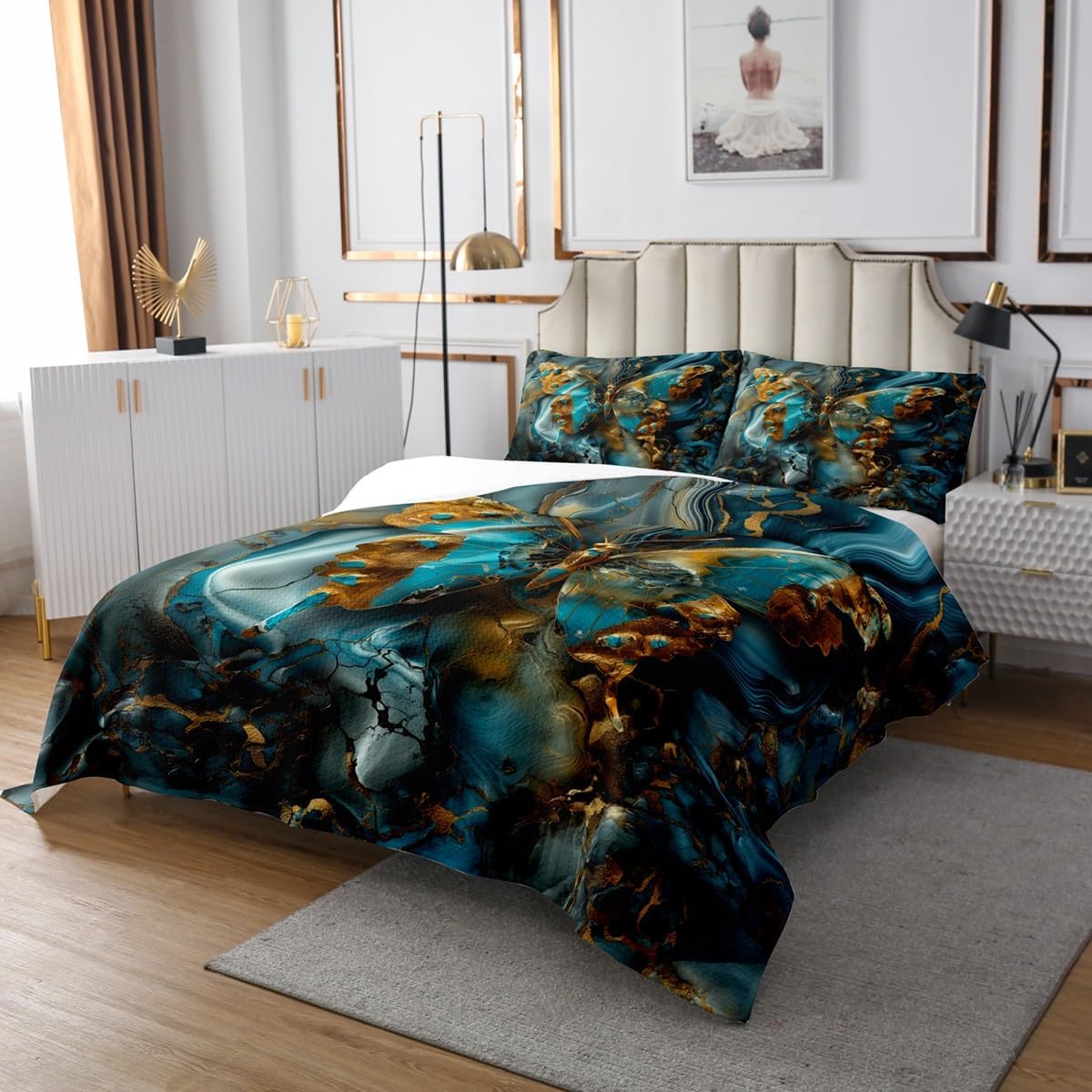 Erosebridal Butterfly Aesthetic Queen Quilt Set,Gold and Teal Marbling Coverlet Set for Kids Adults Gradient Marble Tie Dye Bedspreads Modern Abstract Art Bedding Sets