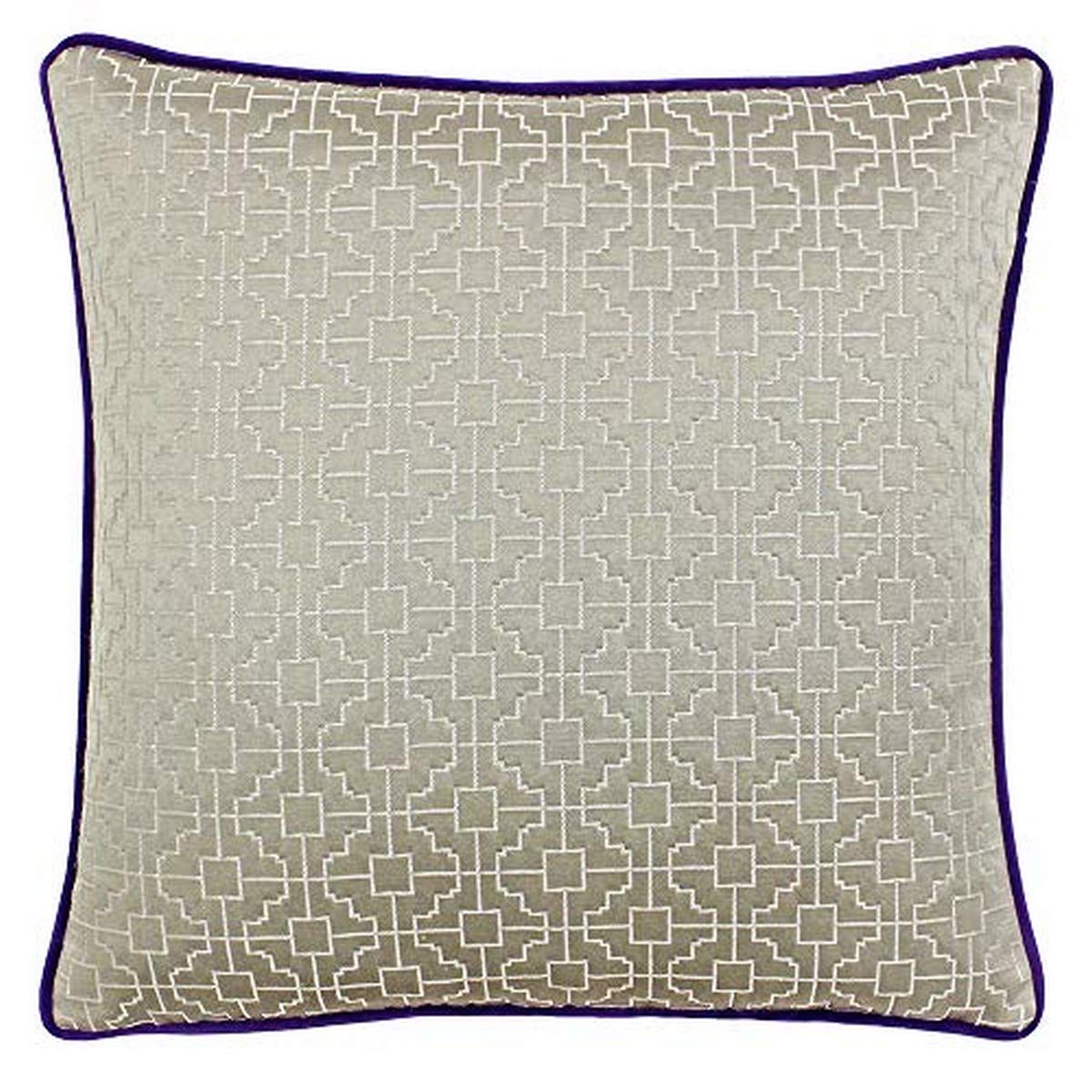 Riva Paoletti Belsize Cushion Cover - Taupe Grey - Geometric Square Design - Jacquard Weave - Contrasting Purple Piped Edges - 58% Linen 42% Polyester - 45 x 45cm (18" x 18" inches)