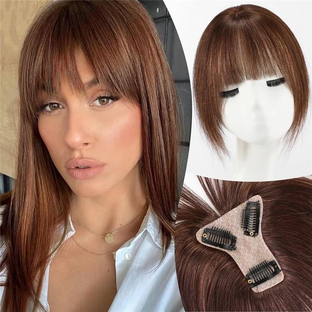 Körperpflege 10 Zoll Haarteile mit Pony, handgebundene Haarteile mit Spitzenbasis, Clip-In-Remy-Haare, Topper-Haarverlängerungen,Reddish Brown