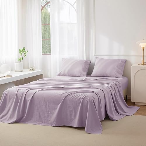 Miniatura 15 de JIYUAN Juego de sábanas de 100% algodón lavado, 4 piezas, 1 sábana bajera, 1 sábana encimera y 2 fundas de almohada, cómodo y transpirable, similar