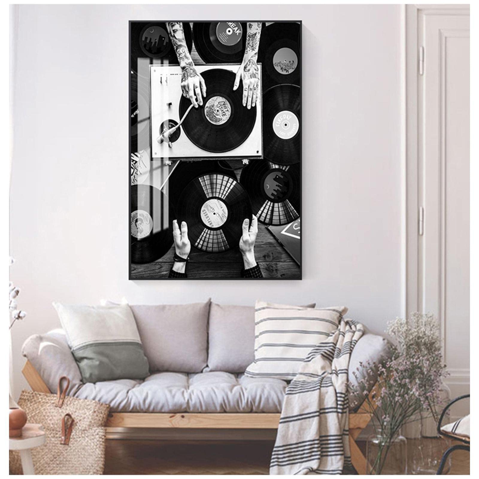 BIEMBI Vintage zdjęcie czarny biały obraz ścienny salon dekoracja płyty winylowe miłośnicy sztuka ścienna płótno malarstwo skandynawski plakat druk 80 x 120 cm bez ramy