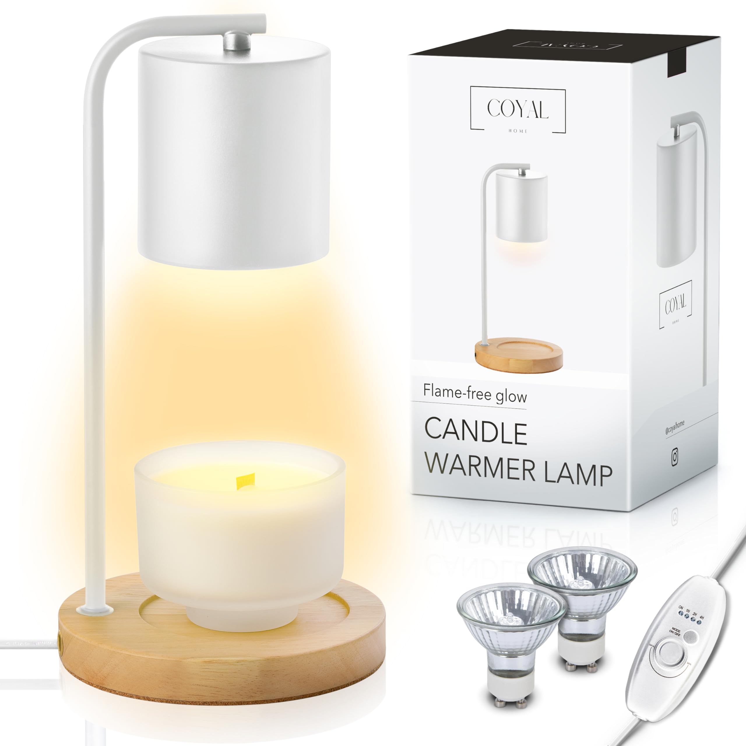 COYAL Candle Warmer Lamp Flameless Electric Candle Warmer with 2 Bulbs, Candle Warmer Lamp for Jar Candles with Timer & Dimmer, Stylish Design Candle Warming Lamp- Whitewood