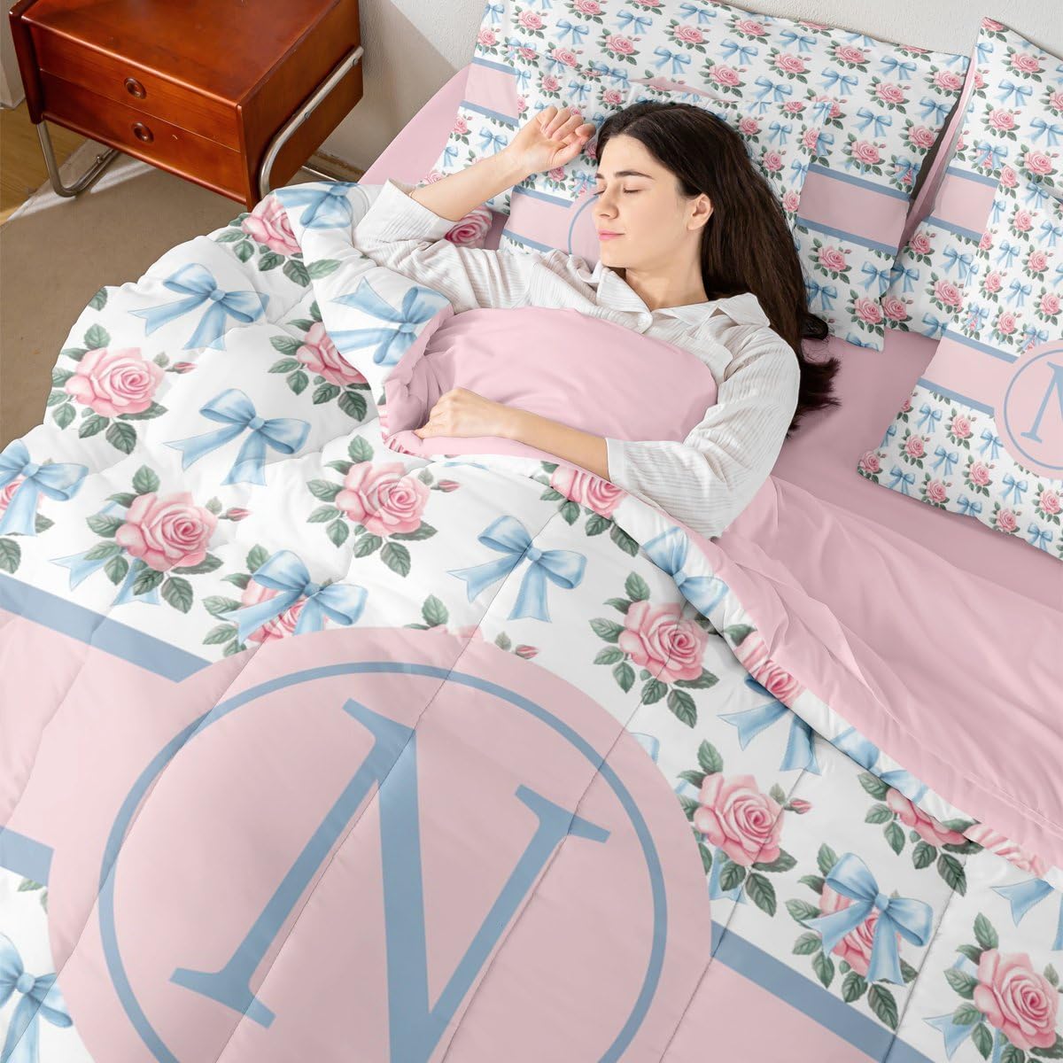 Erosebridal Bowknot 7 Piece Bedding Set Twin Initial Letter N Comforter Set with Sheets Rose Alphabet Princess Girly Bed in a Bag Leaves Blue Bow Pink Florals for Kids Girls Women
