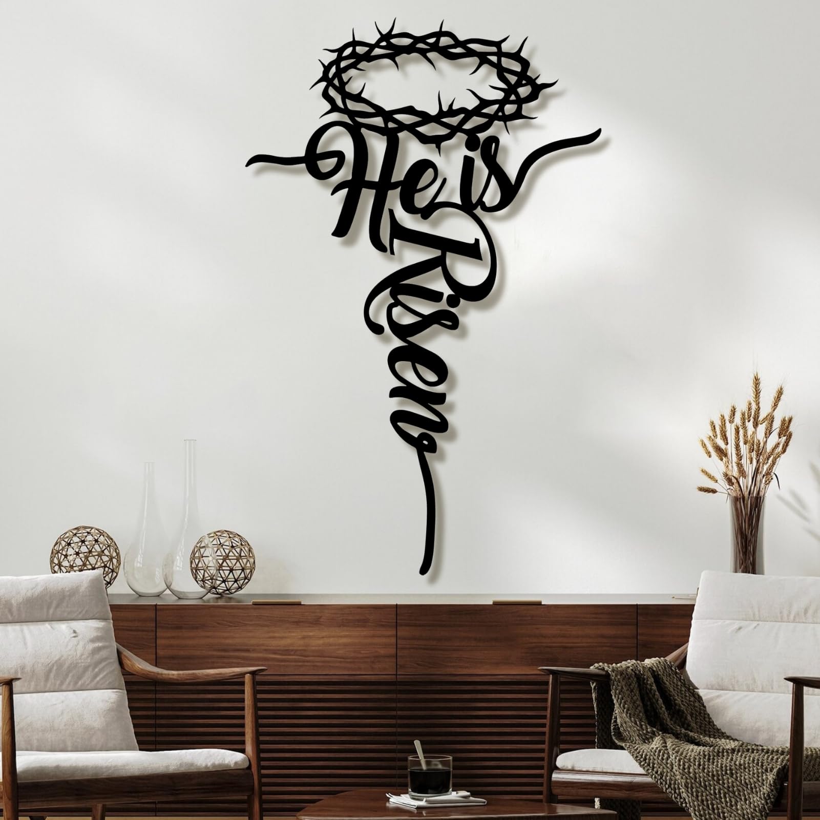 Genérico Nowoczesna minimalistyczna metalowa dekoracja ścienna z Zmartwychwstałym krzyżem sztuka chrześcijańska Wielkanoc (styl 3, biały, 150 x 96 cm)