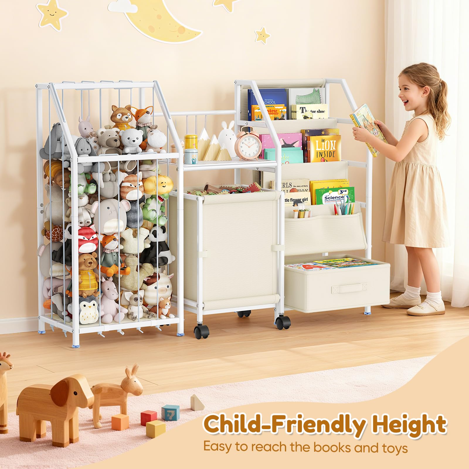 Libreria per bambini con ruote e cassetto, scaffale giocattolo con 4