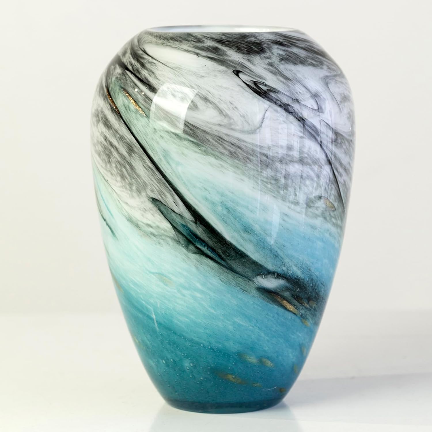 11" H Teal Glass Vases for Flowers, Unique Hand Blown Glass Vase Blue Home Decor, Wide Mouth Colorful Flower Vase Centerpieces, for Living Room Table Bookshelf, Bathroom Office Shelf Decorative - Image 7