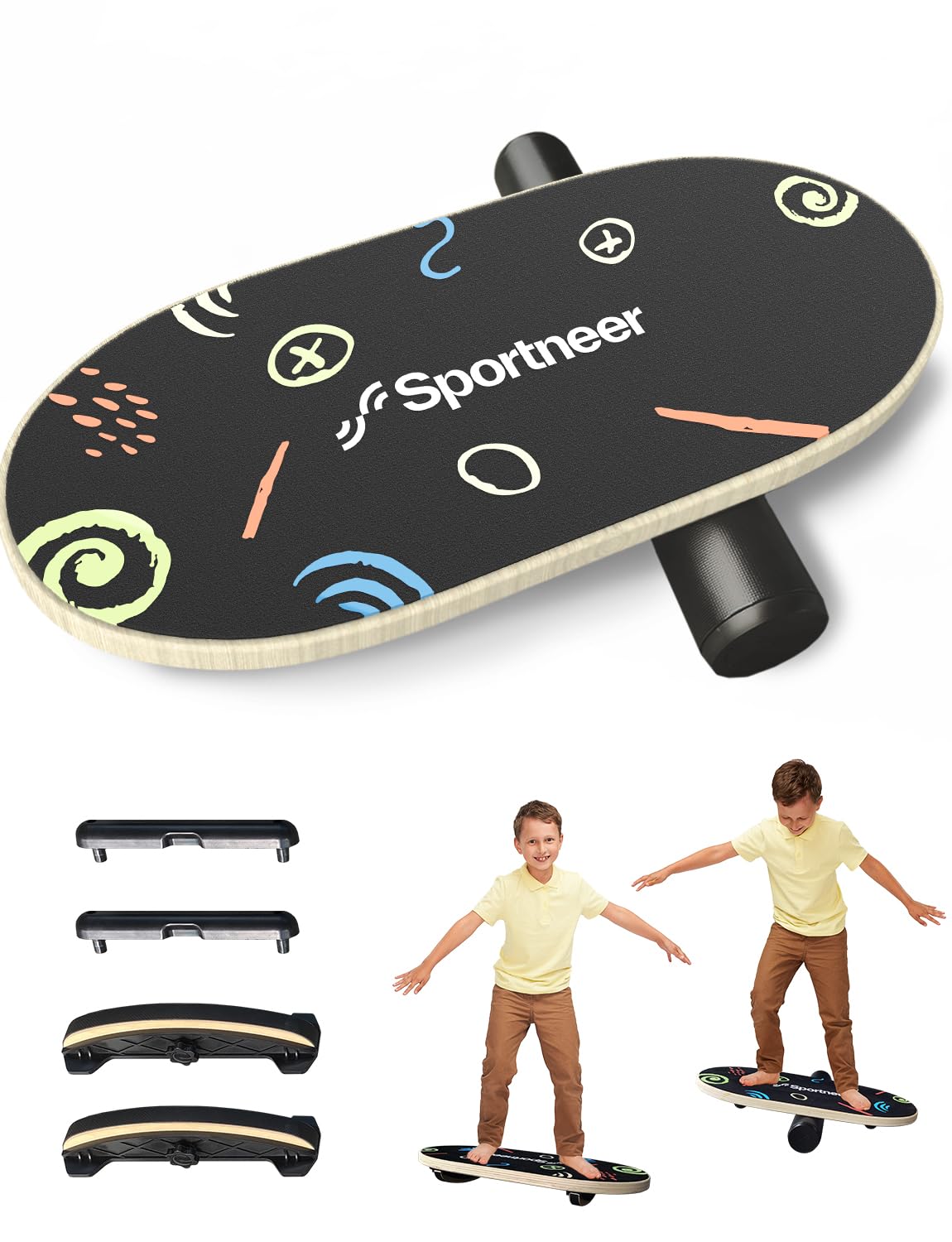 Sportneer Balance Board - Wobble Board mit verstellbaren Stoppern und Rollen - Balancier-Trainer zur Verbesserung des Gleichgewichts, Surf-Trainer und Physiotherapie - kleine Größe speziell für Kinder