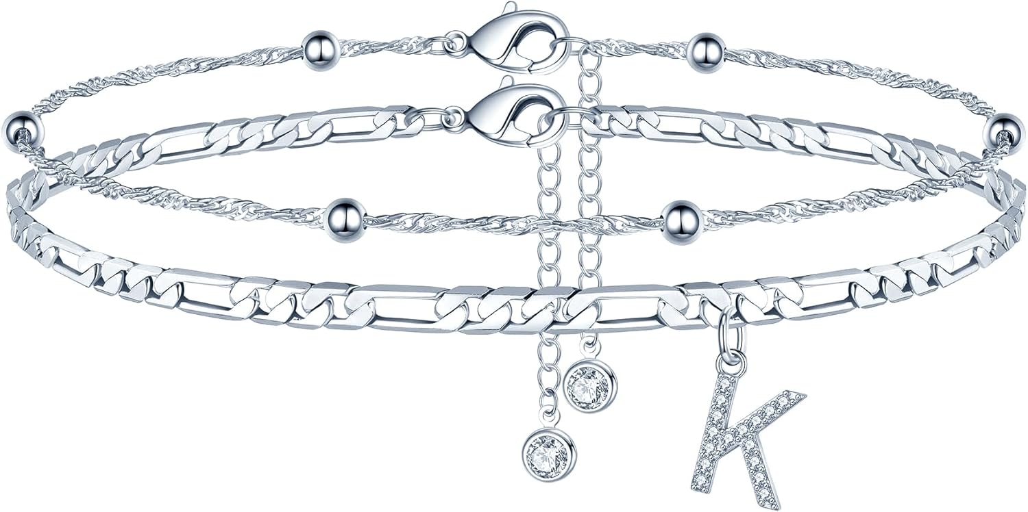 Ursteel Ankle Bracelets for Women, 14K Gold Plated Dainty Layered Chain CZ Initial Anklets Summer Jewelry Gifts for Women