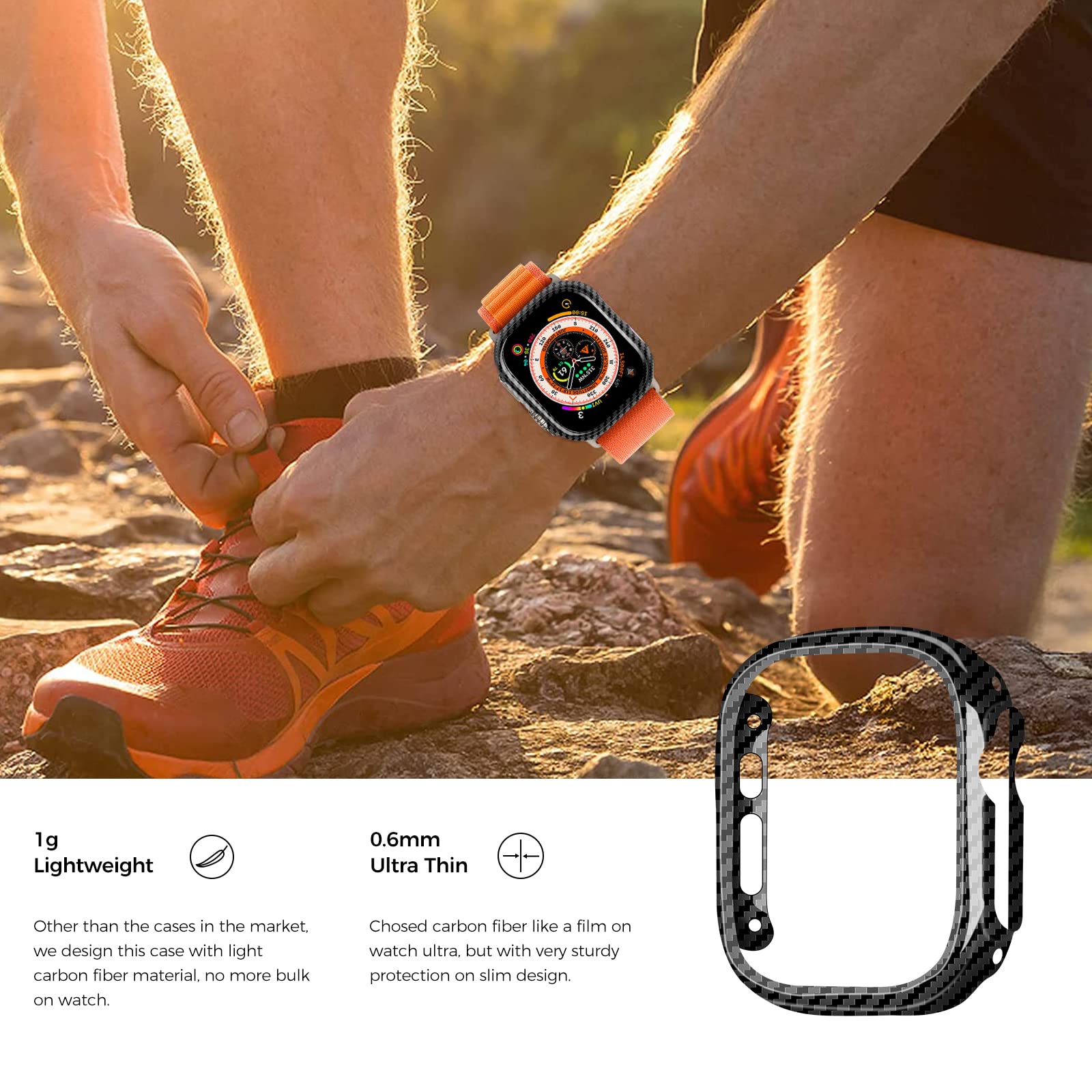 MONOCARBON Custodia in fibra di carbonio per Apple Watch Ultra (49 mm), ultra sottile, leggera, resistente, con pellicola proteggi schermo, per iWatch, colore: Nero lucido
