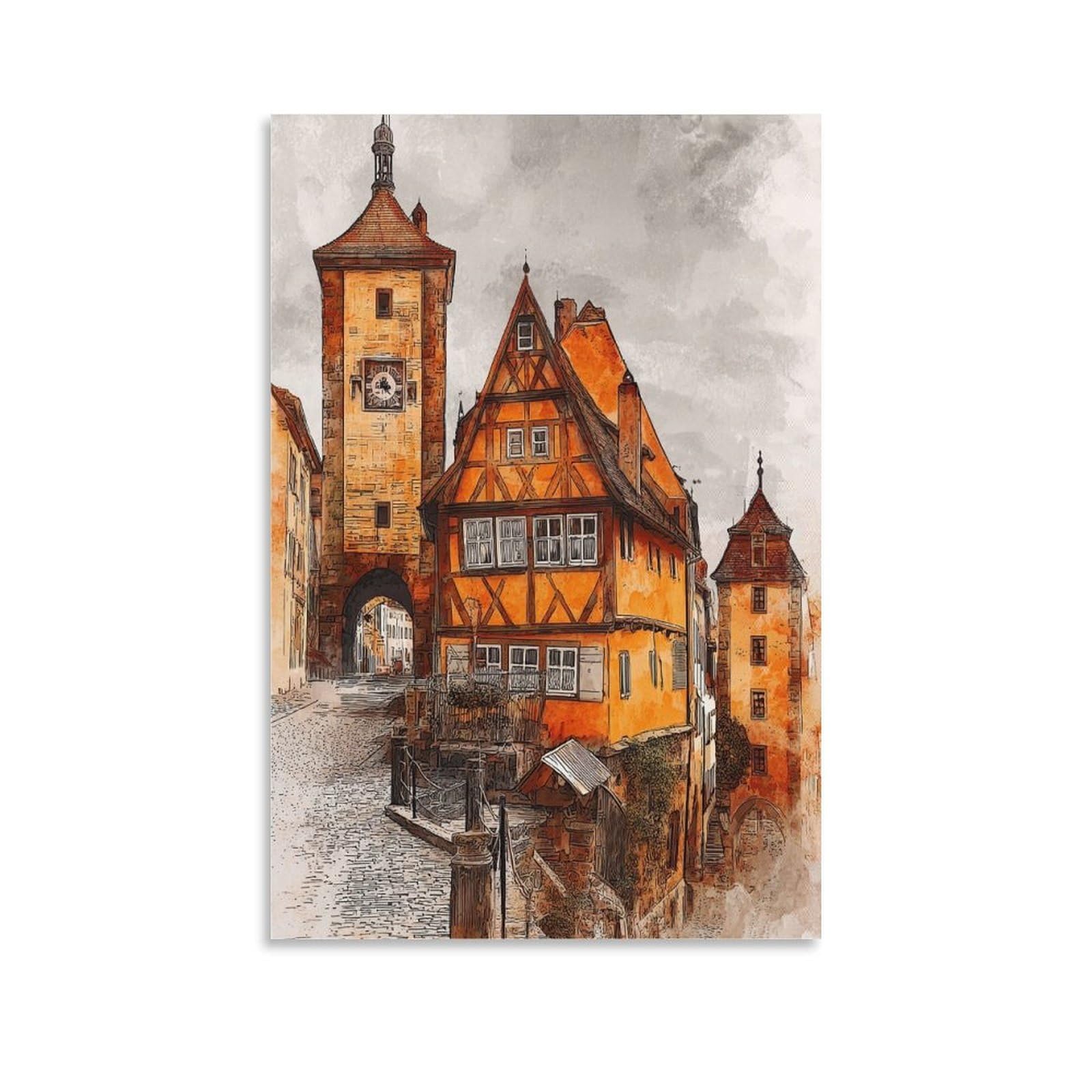 Cnaheiz Unframe-Style Rottenburg Germany 24X36inch(60X90cm) Vintage Travel Poster Watercolor Canvas Art