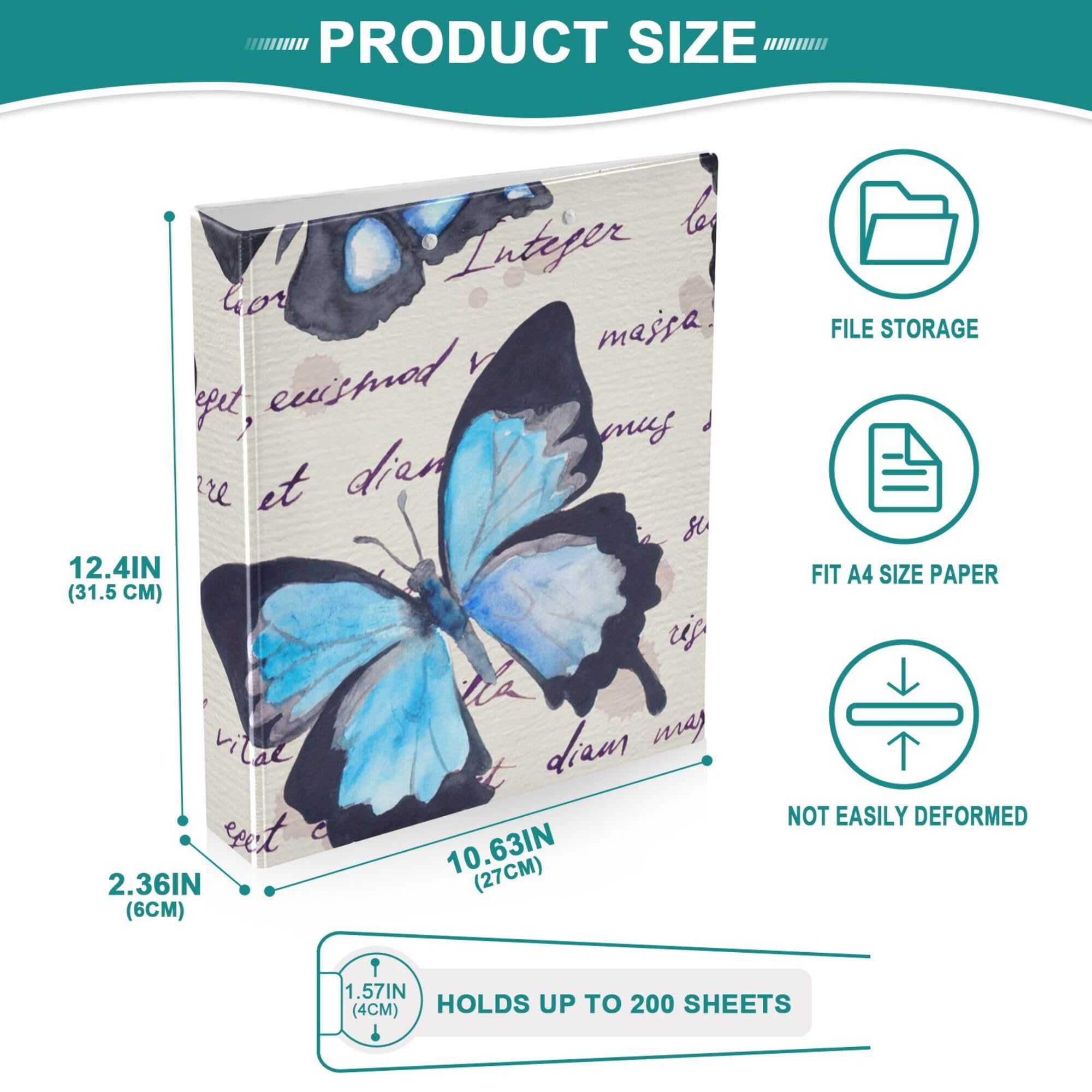 Classeur A4 à 3 Anneaux Avec Clip - Motif Papillons Et Fleurs, Capacité 200 Feuilles - Pour Bureau, école, Maison, Organiseur De Fichiers
