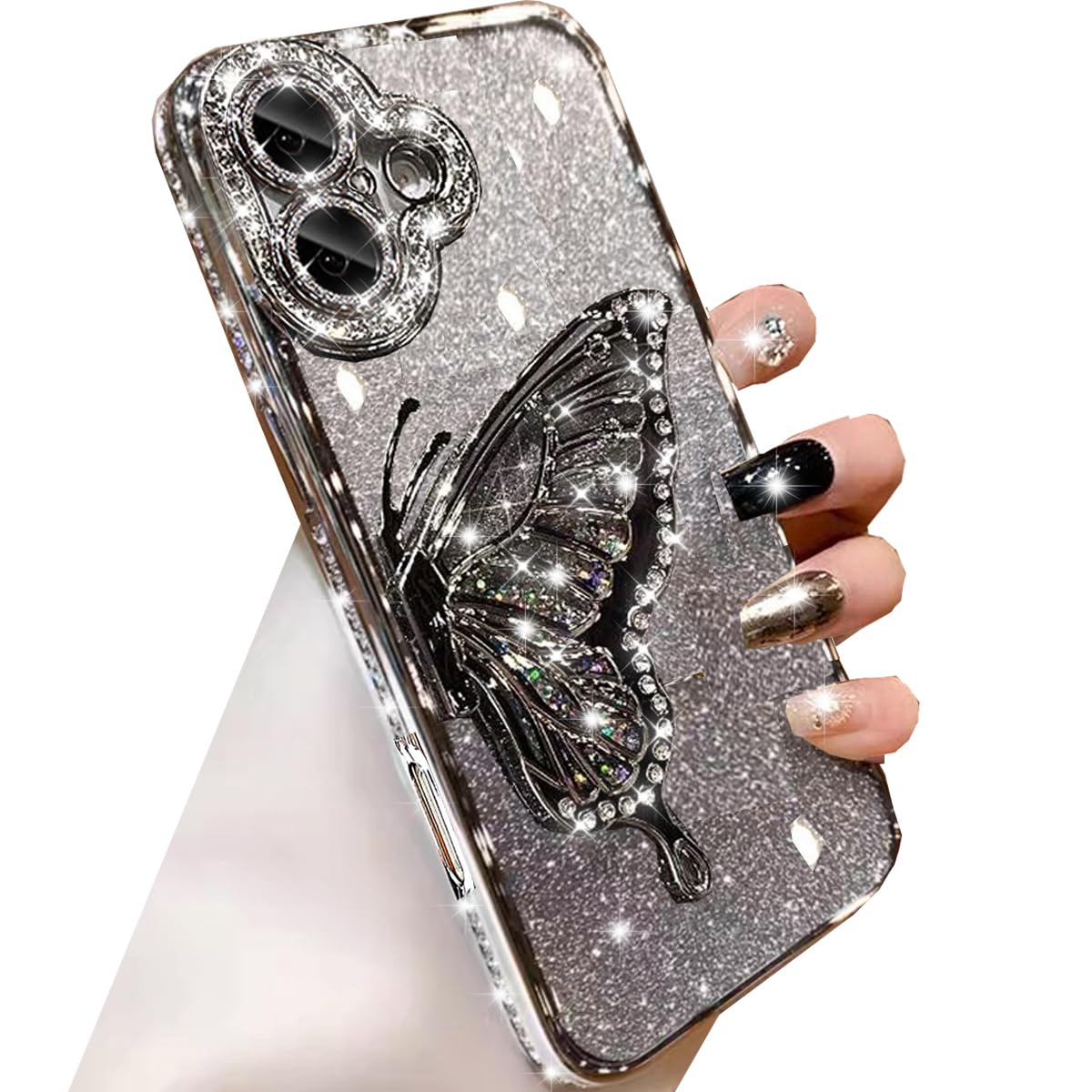 Changjia for iPhone 16 Plus Glitter 3D Butterfly Case,Cute Luxury Bling Sparkly Diamond Rhinestones Liquid Flowing Case with Camera Protector TPU