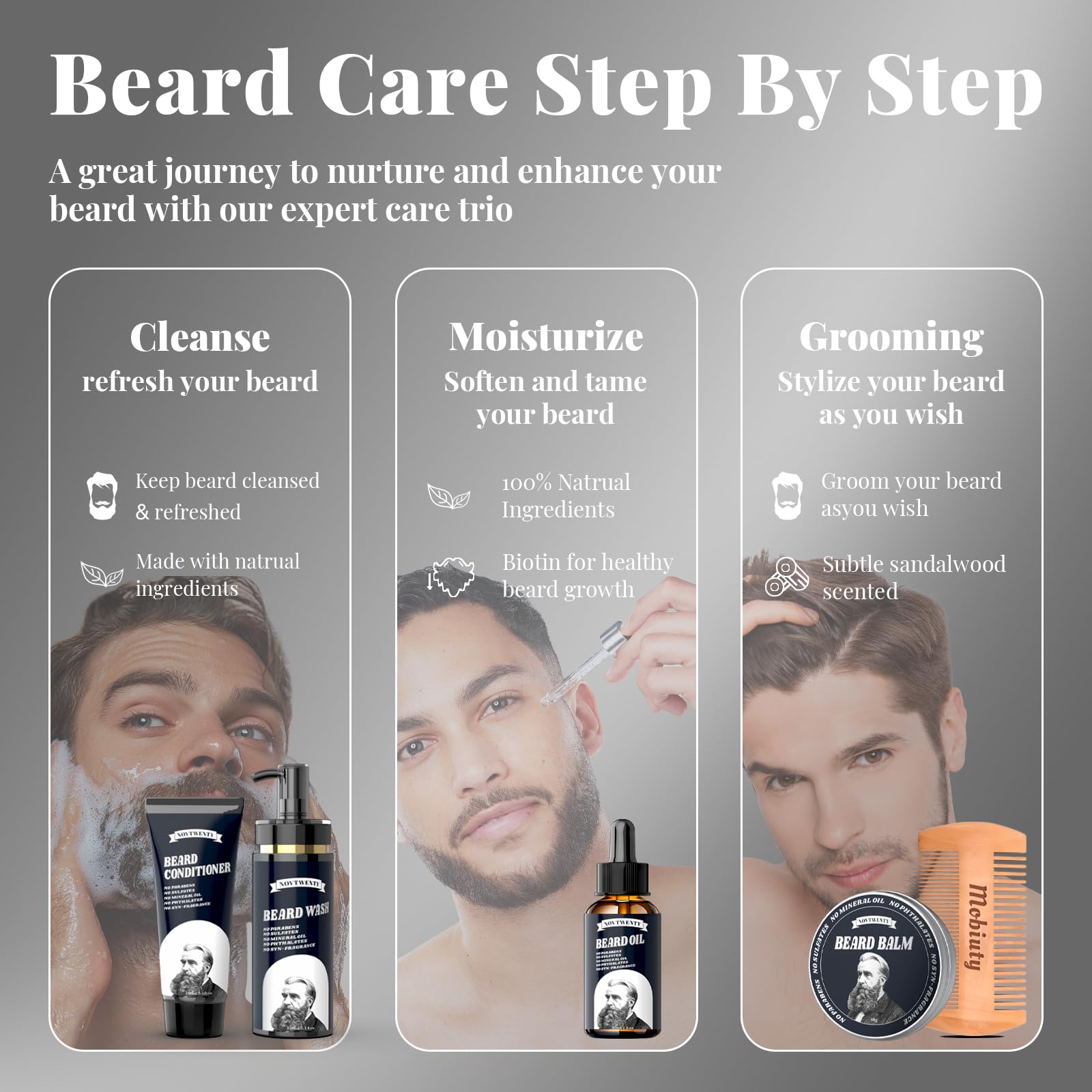 Mobiuty Ensemble de soins de barbe pour homme avec ingrédients naturels avec lavage à barbe, huile à barbe, baume à barbe et peigne à barbe, coffret cadeau pour petit ami, mari, père