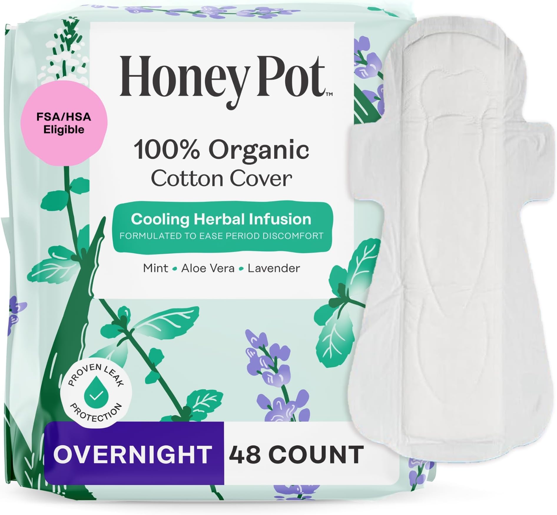 - 48 ct - Herbal Pads for Women - Overnight w/Wings - Infused w/Essential Oils for Cooling Effect & Organic Cotton Cover - Feminine Care