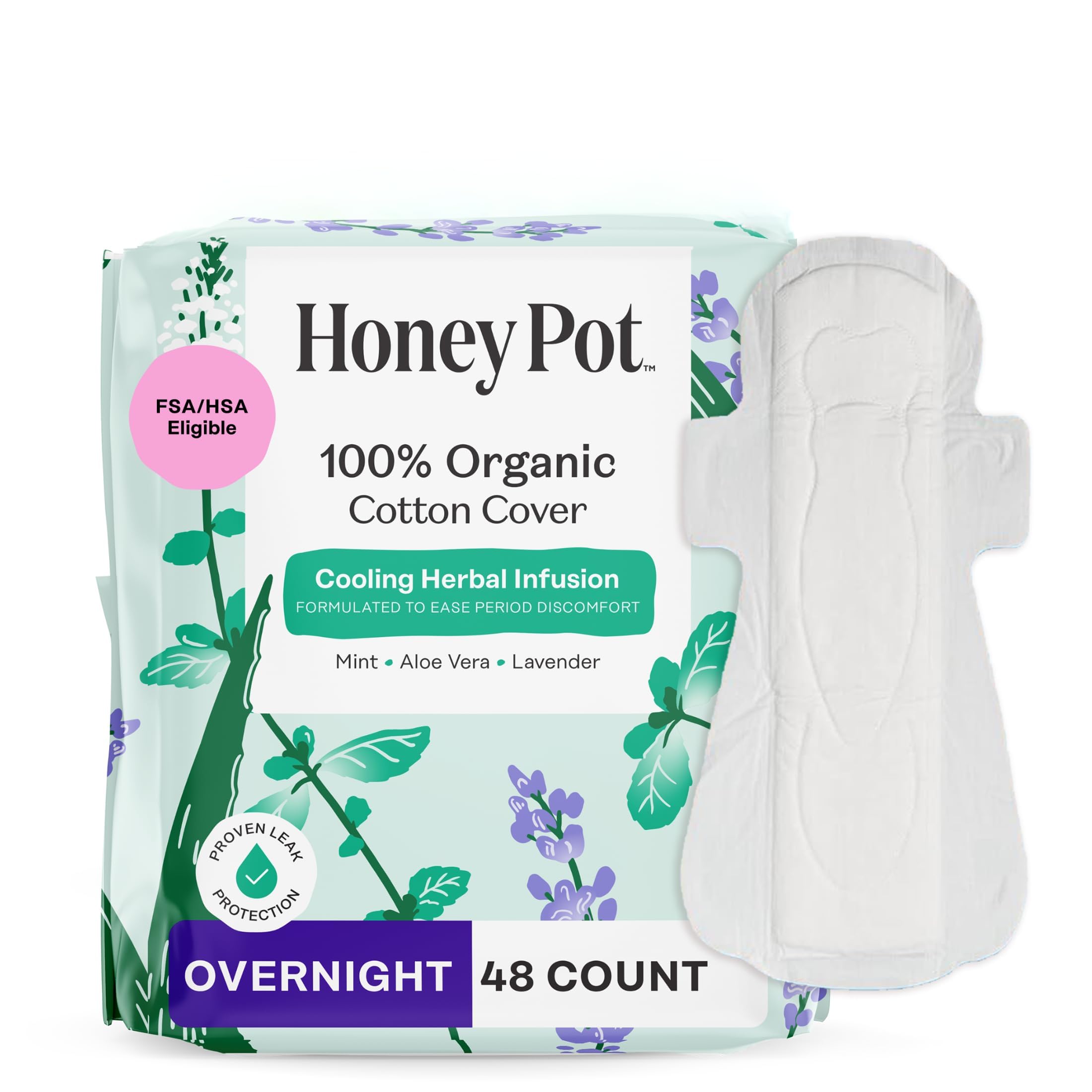 The Honey Pot Company - 48 ct - Herbal Pads for Women - Overnight w/Wings - Infused w/Essential Oils for Cooling Effect & Organic Cotton Cover - Feminine Care