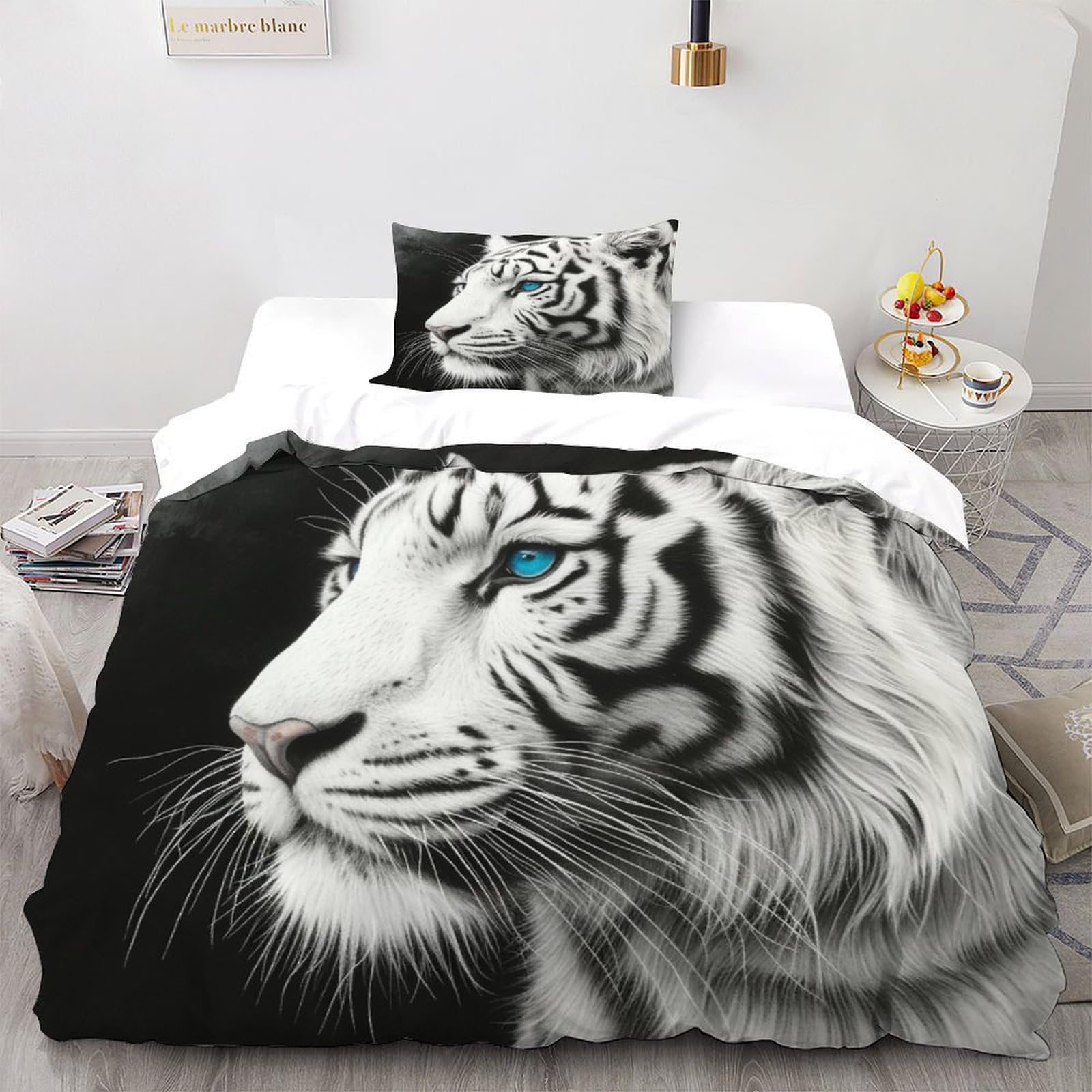 Housse de couette tigre blanc 135x200 avec taie d'oreiller en microfibre