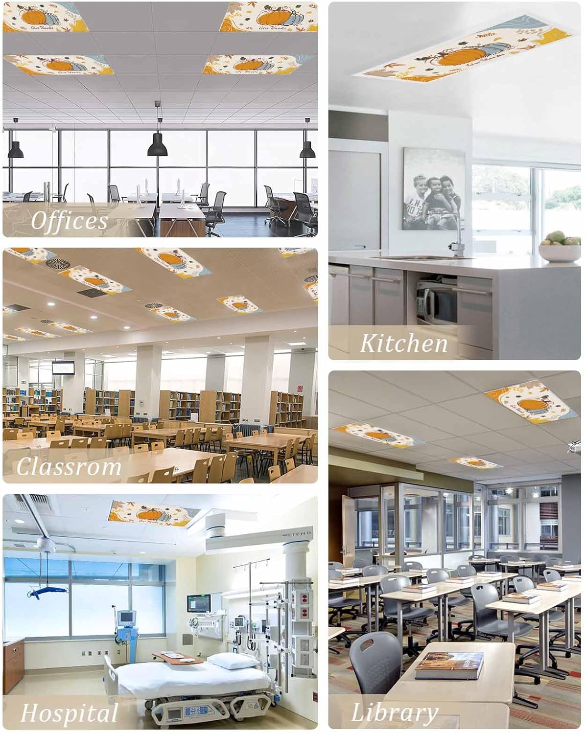 3PCS Thanksgiving Fall Boho Cute Cartoon Pumpkin Fluorescent Light Cover, Ceiling Lampshade Decor with 10 Magnets Fixtures, Print Light Filters Cover Panel for Any Place Supplies