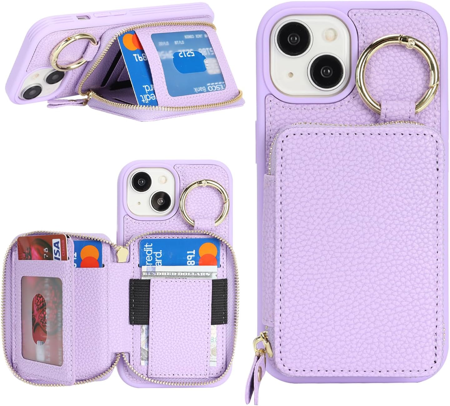 Compatible with iPhone 14 Wallet Case with Card Holder,for iPhone 14 Phone case Wallet with Zipper with Slot Kickstand Stand Case for Women 5G 6.1 Inch-Purple