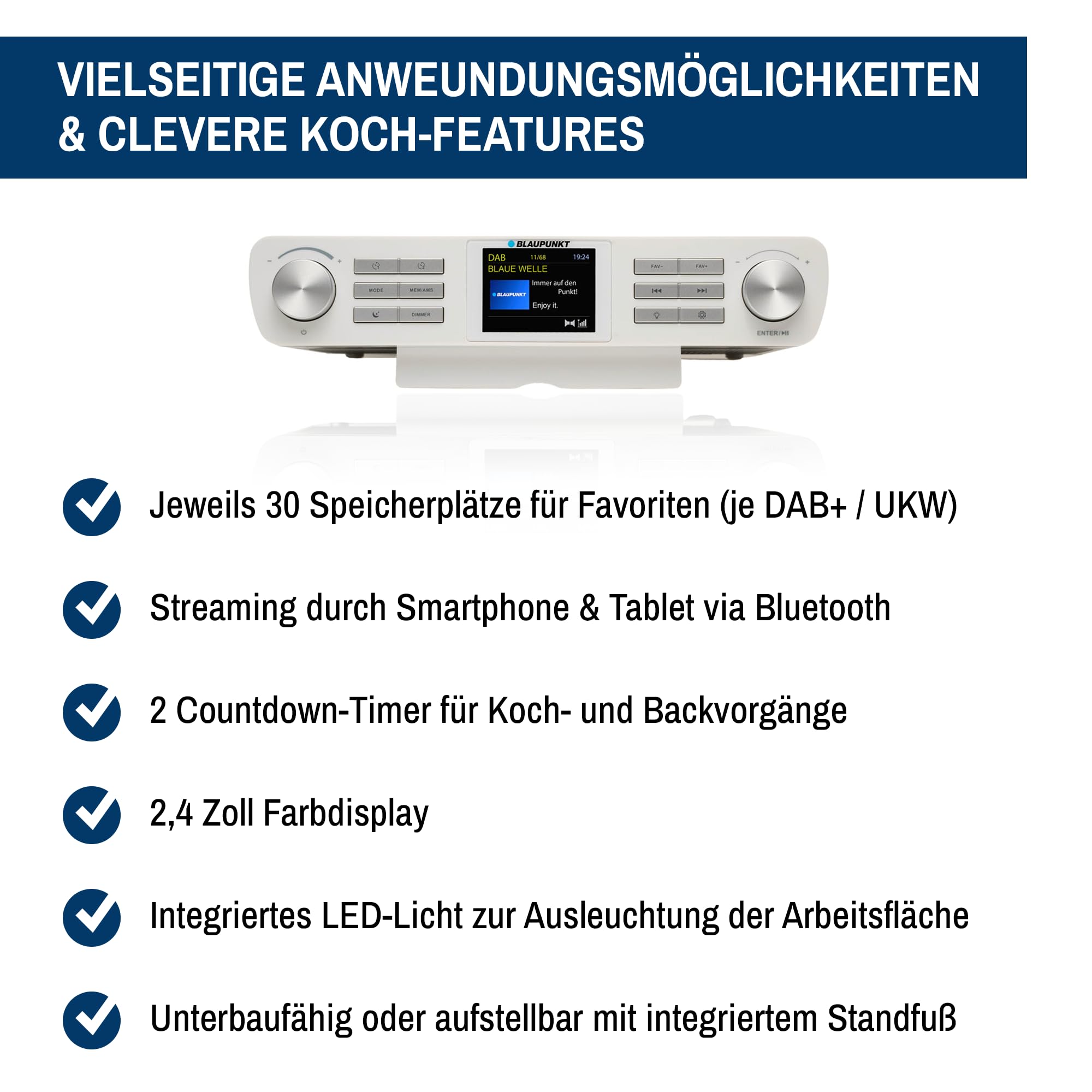 Blaupunkt KRD 100 Radio de cuisine Bluetooth avec DAB+ et FM, sous-comptoir numérique, multi-affichage, horloge, lumière LED, 2 minuteries arrière, armoire blanche