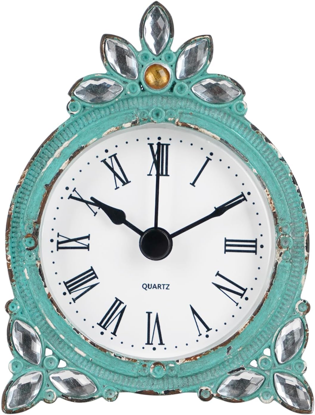 Vintage Pewter Small Quartz Table Clock with Crystal Shining Rhinestone 7.2 x 10 x 3.5 CM, Aqua