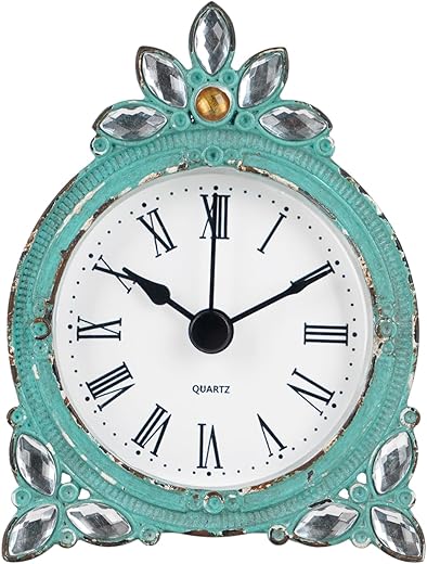 NIKKY HOME Vintage Pewter Quartz Mini Table Clock with Crystal Shining Rhinestone, 2.87 x 1.37 x 3.87 Inches, Aqua