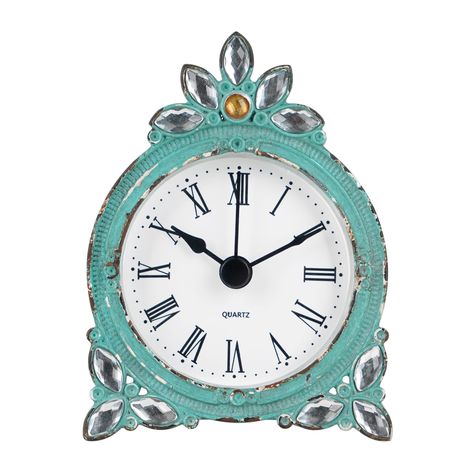 NIKKY HOME Vintage Pewter Quartz Mini Table Clock with Crystal Shining Rhinestone, 2.87 x 1.37 x 3.87 Inches, Aqua