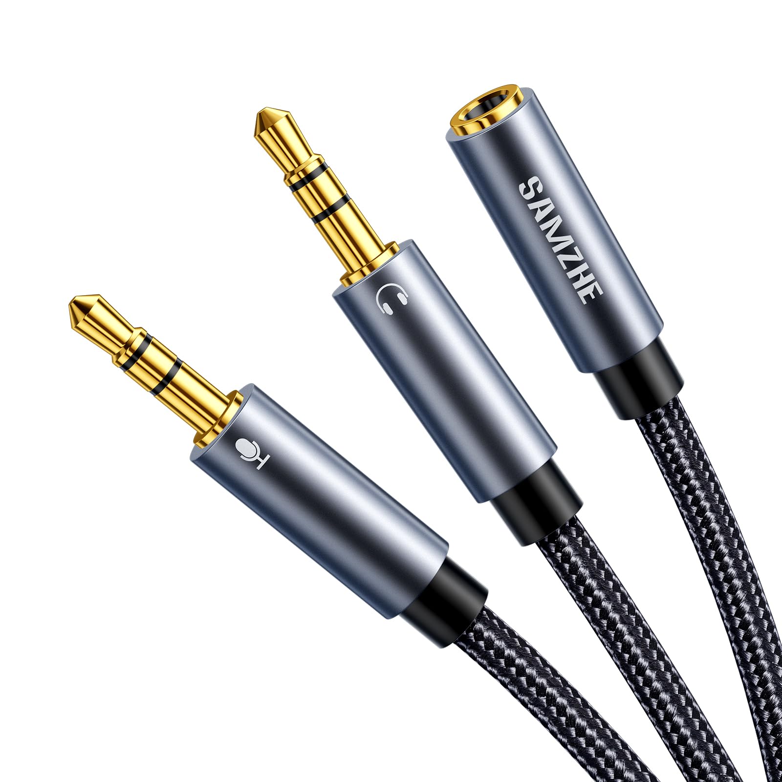 SAMZHE Divisor de auriculares para computadora de 3,5 mm hembra a 2 cables dobles de 3,5 mm macho trenzado de audio divisor de audio para micrófono, conector estéreo, cable de puerto de auriculares