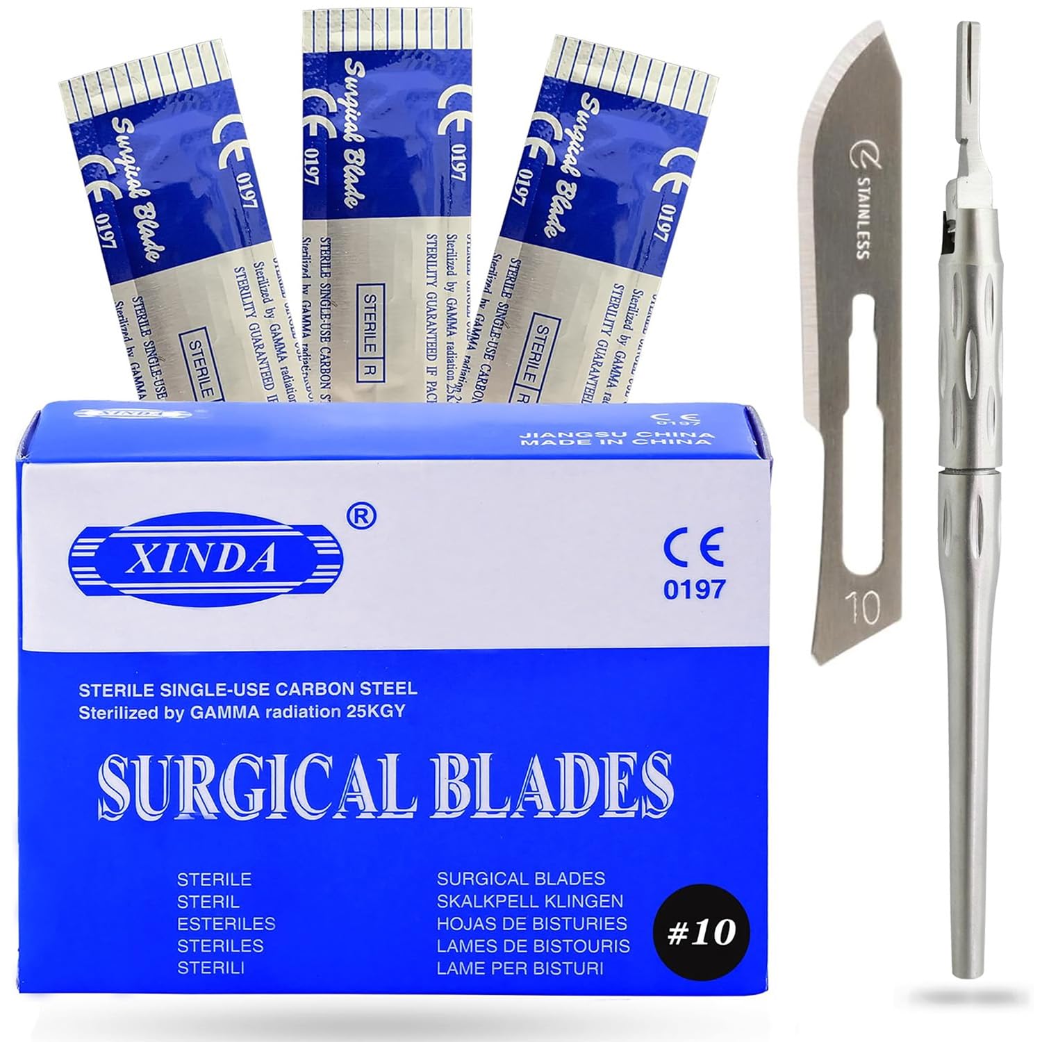 100 Blades #10 Scalpel Blades for Knife Scalpel High Carbon Steel Dermablade Blades Individually Wrapped Sterile + 1 Adjustable Scalpel Handle #3 with 180° Rotation Blade Holder for Precise Cutting