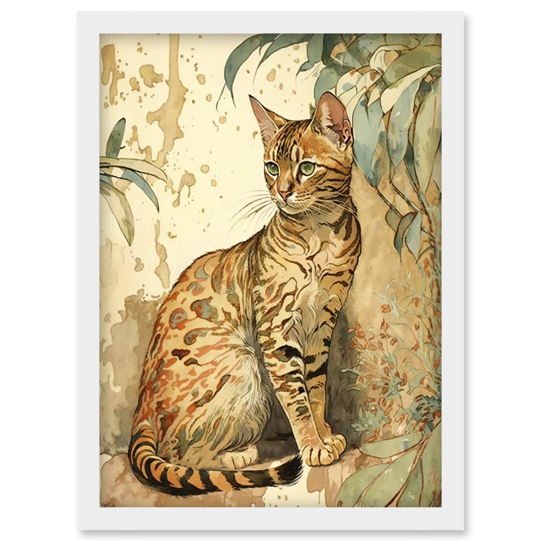 Artery8 Marble Coat Bengal Cat Perched on Street Wall Watercolour Illustration Artwork Framed Wall Art Print A4