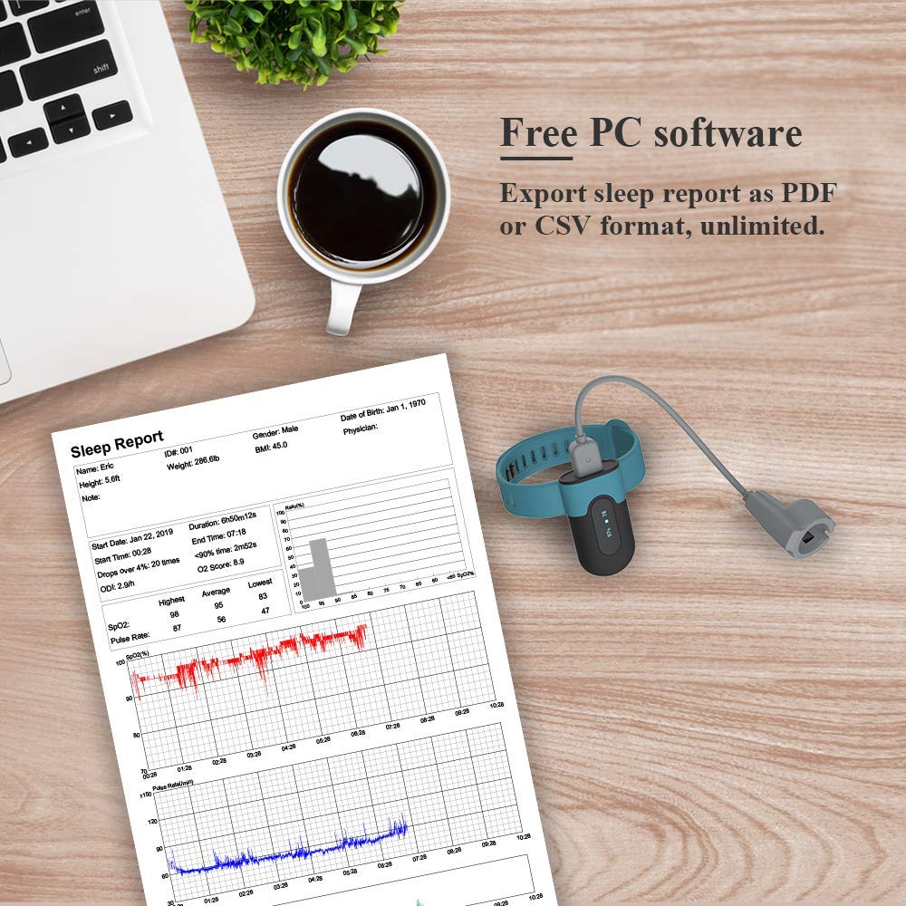 Viatom SleepU Oximetro de Pulso de Muñeca, Recargable Pulsioximetro de Dedo Profesional, Monitor de SpO2 y Frecuencia Cardíaca, Análisis Avanzado del Sueño, 16h Autonomía, APP Gratis y PC con Informes